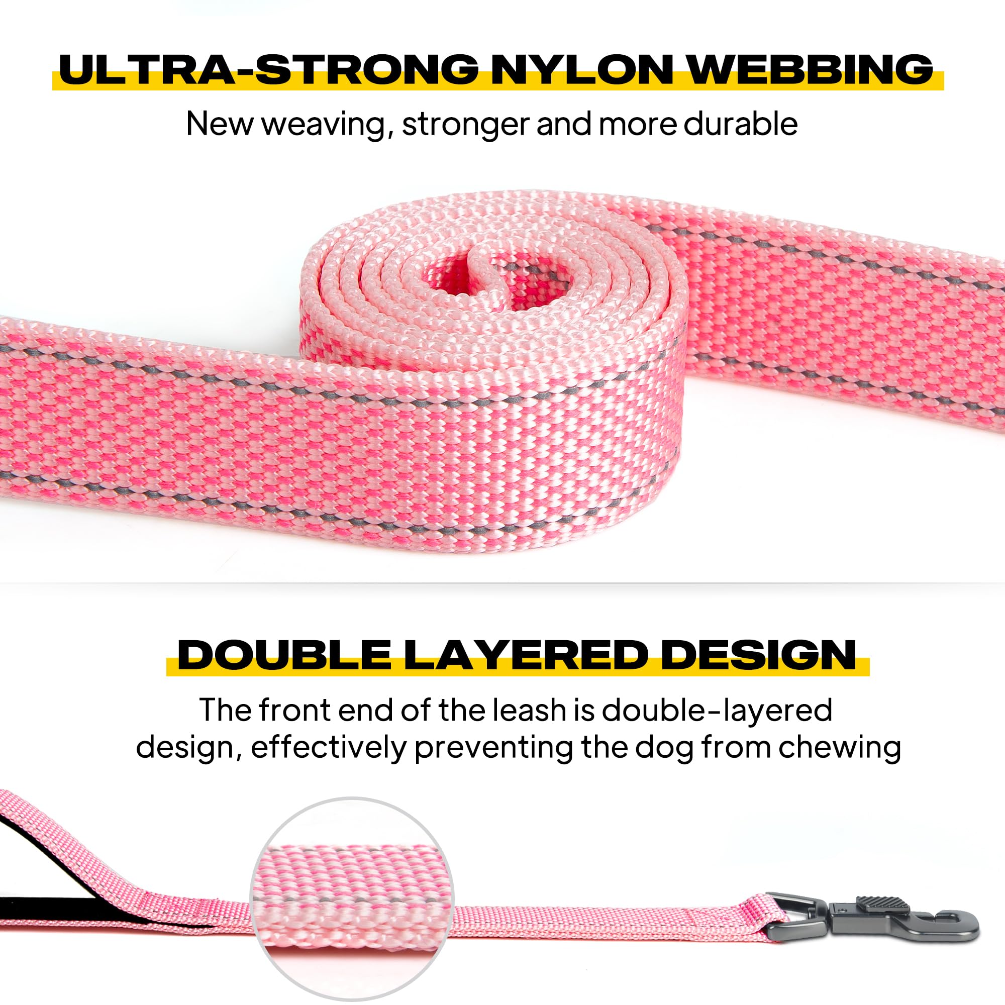 Fida 6 Ft Heavy Duty Dog Leash With 2 Comfortable Padded Handles, Traffic Handle & Advanced Easy Snap Hook, Reflective Walking Lead For Large, Medium & Small Breed, Pink
