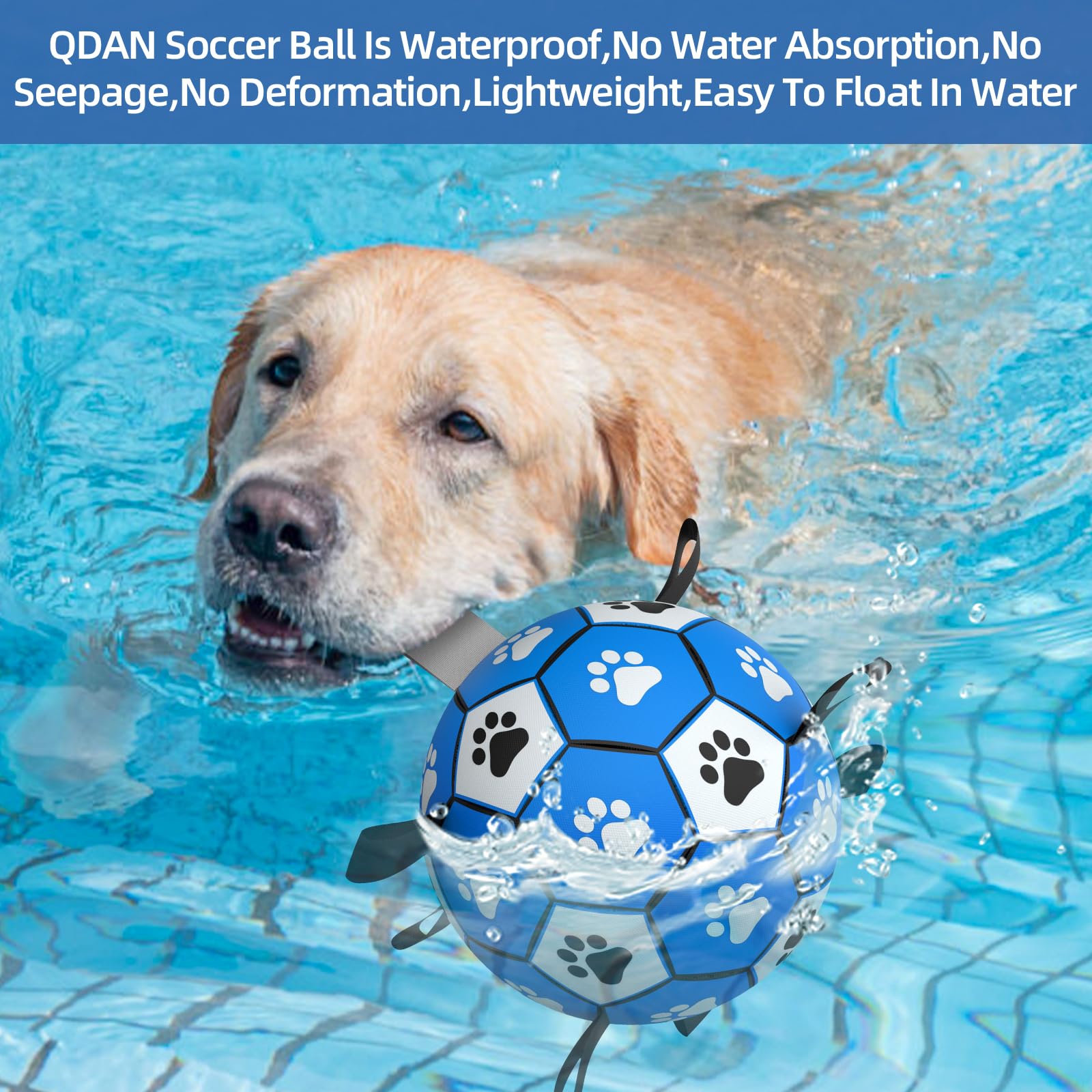 QDAN Extra Large Dog Soccer Ball - Durable Polyurethane, Dark Blue, 9 Inch, Outdoor Toy with Straps for Large Dogs