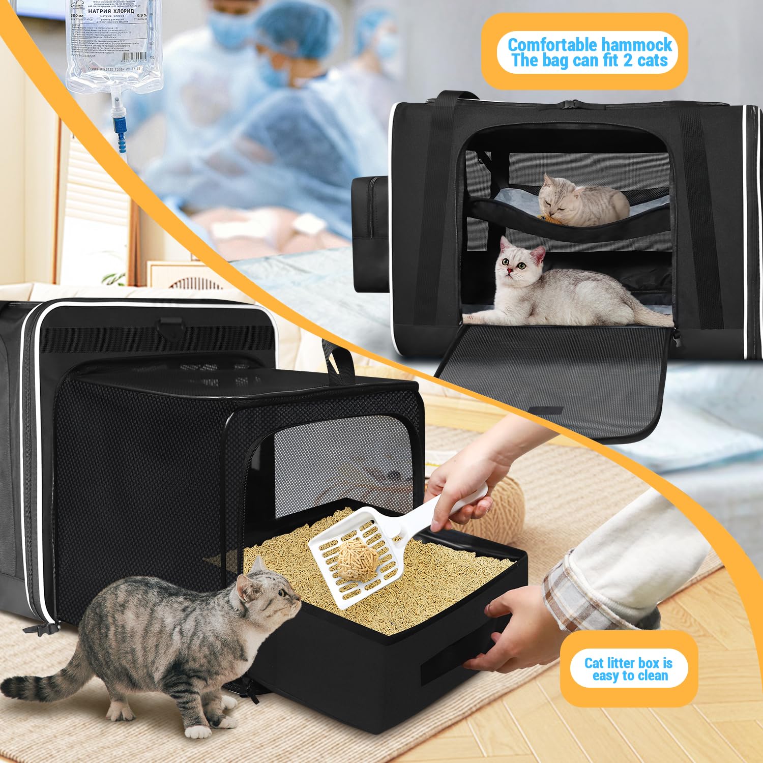 Petskd Side Expandable Extra Large Cat Carrier With Litter Box Area, 24''X17''X17'' Soft-Sided Pet Carrier For 2 Cats Under 55 L