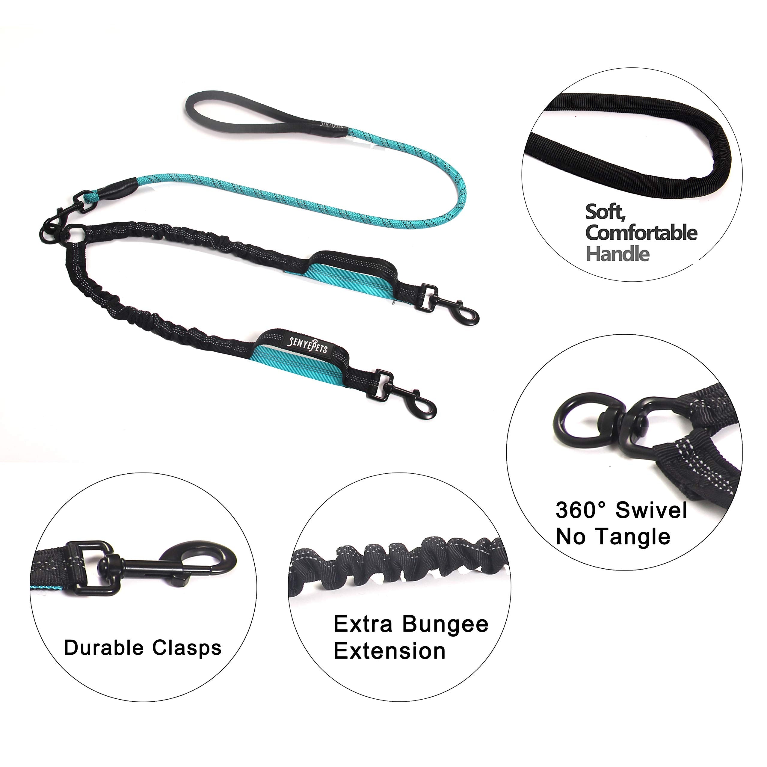 Double Dog Leash Swivel No Tangle Double Dog Walking Training Leash Comfortable Shock Absorbing Reflective Bungee For Two Dogs