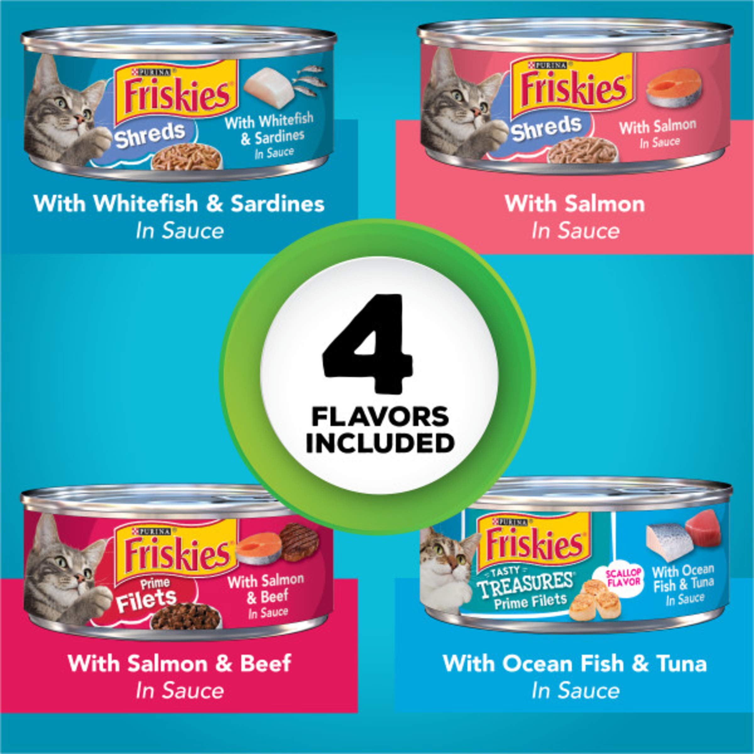 Purina Friskies Wet Cat Food Variety Pack Fish-A-Licious Extra Gravy, Prime Filets and Tasty Treasures - (Pack of 32) 5.5 Oz. Ca