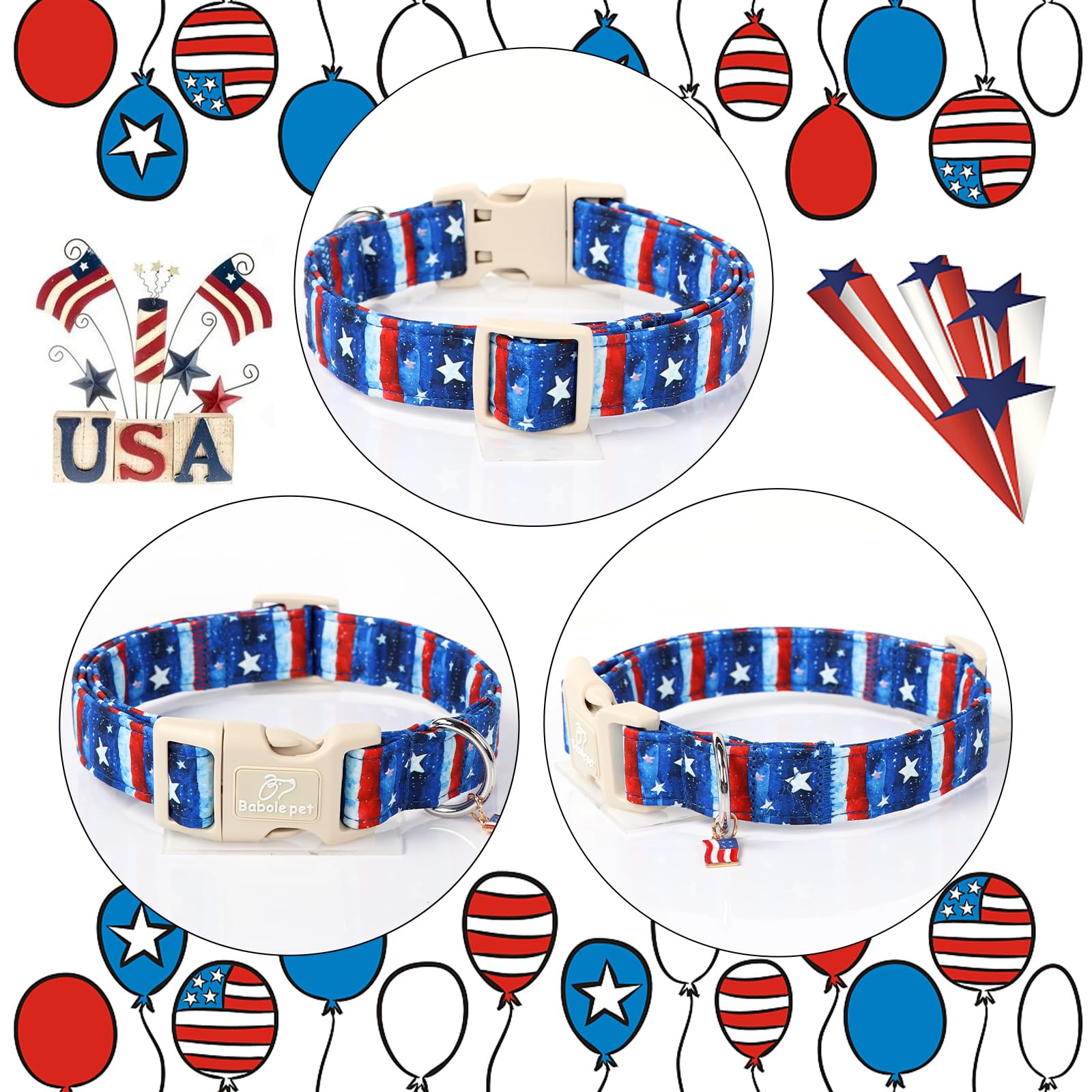 Babole Pet 4Th Of July Dog Collar, Stars & Stripes Patriotic Dog Collars For Small Dogs, Adjustable Lightweight Quick-Release Bu
