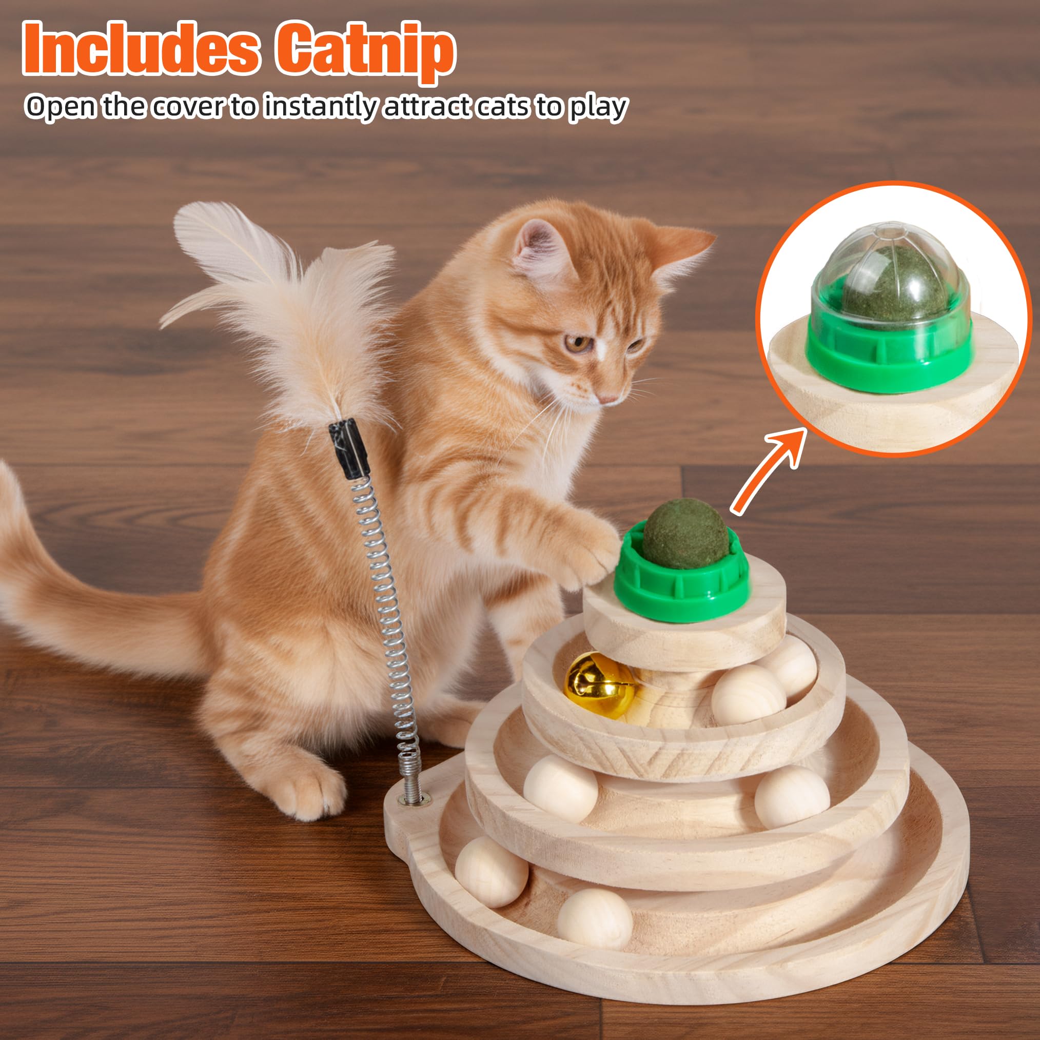 Fantasreen Wooden Cat Track Toy with Large Catnip Ball, Metal Bell Ball, 3-Level Interactive Tower for Indoor Cats, No Paint Saf