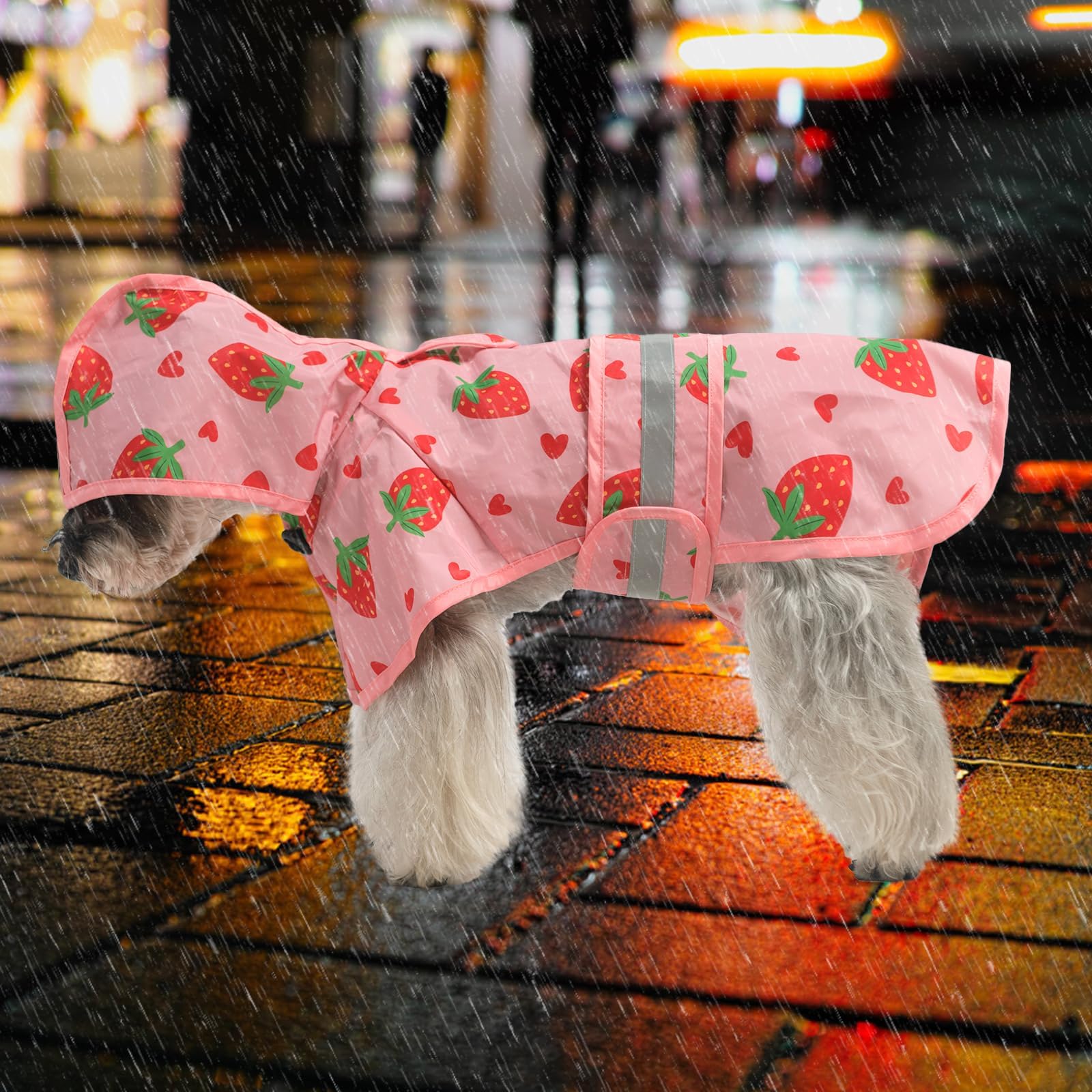 Kooltail Dog Raincoat Hooded Slicker Poncho With Leash Hole, Strawberry S: Waterproof Dog Rain Jacket, Reflective Strip, Adjusta