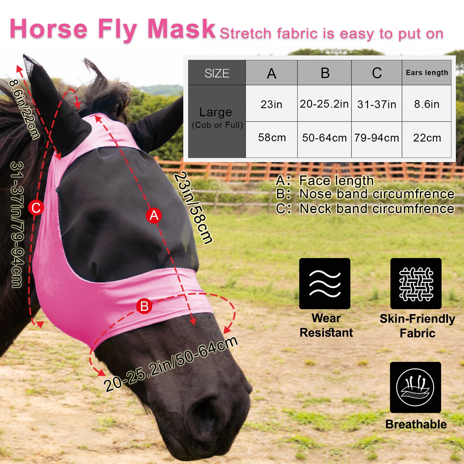 HUAME 2 Piece Horse Fly Mask with Ears, Comfortable Fit Stretch Fabric Big Eye Space Soft Breathable with UV Protection for Full