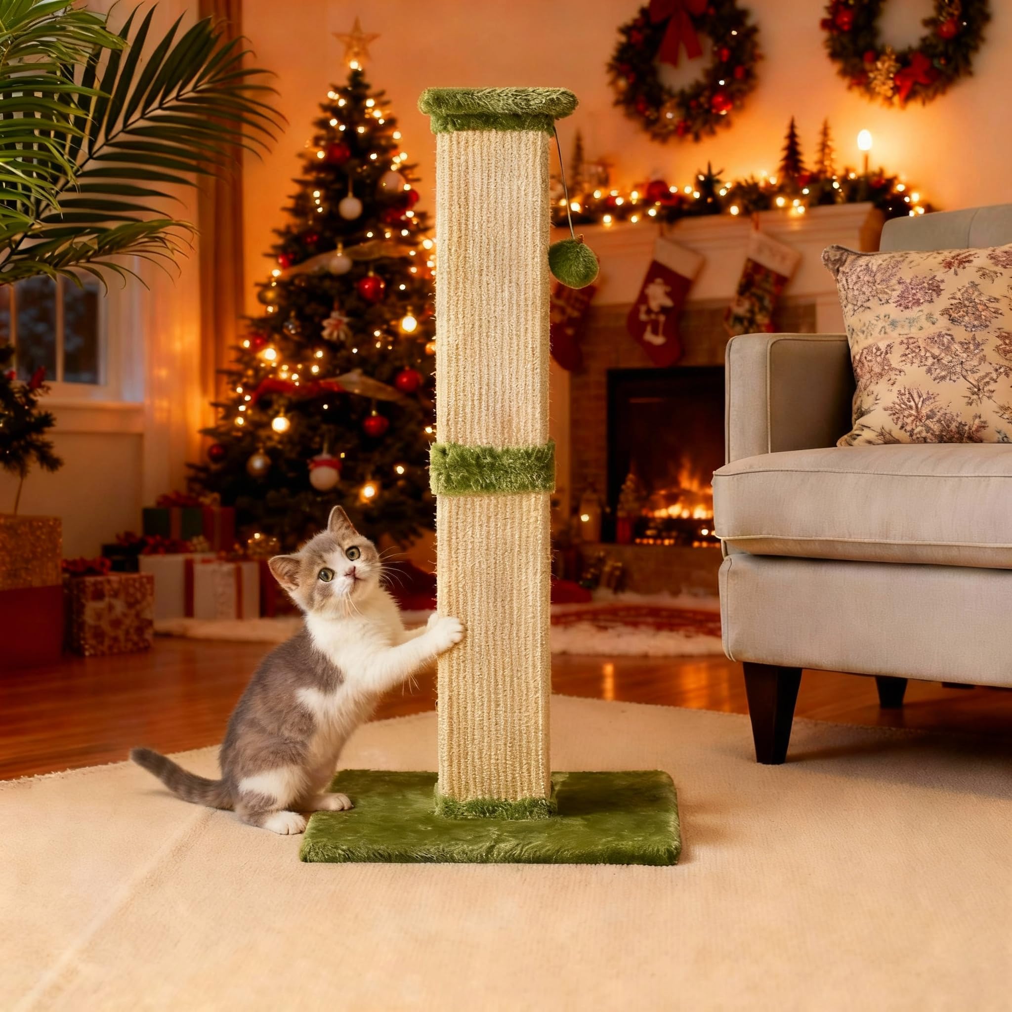 Fansafurn Cat Scratching Post with Hanging Toy Ball, 32-Inch Tall Sisal Cat Scratcher for Indoor Cats, Green