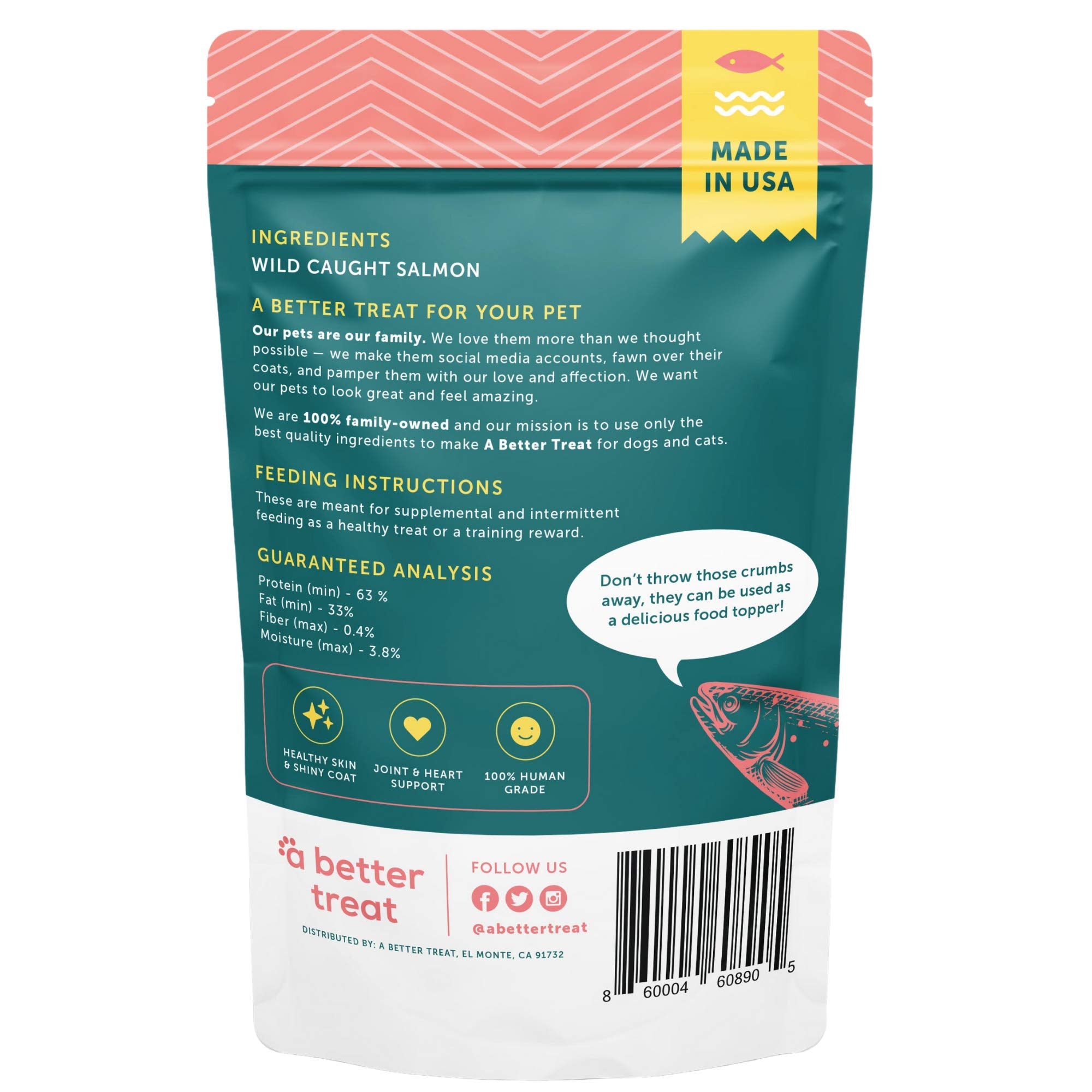 A Better Treat - Freeze Dried Salmon Dog Treats, Wild Caught, Single Ingredient | Natural High Value | Gluten Free, Grain Free,