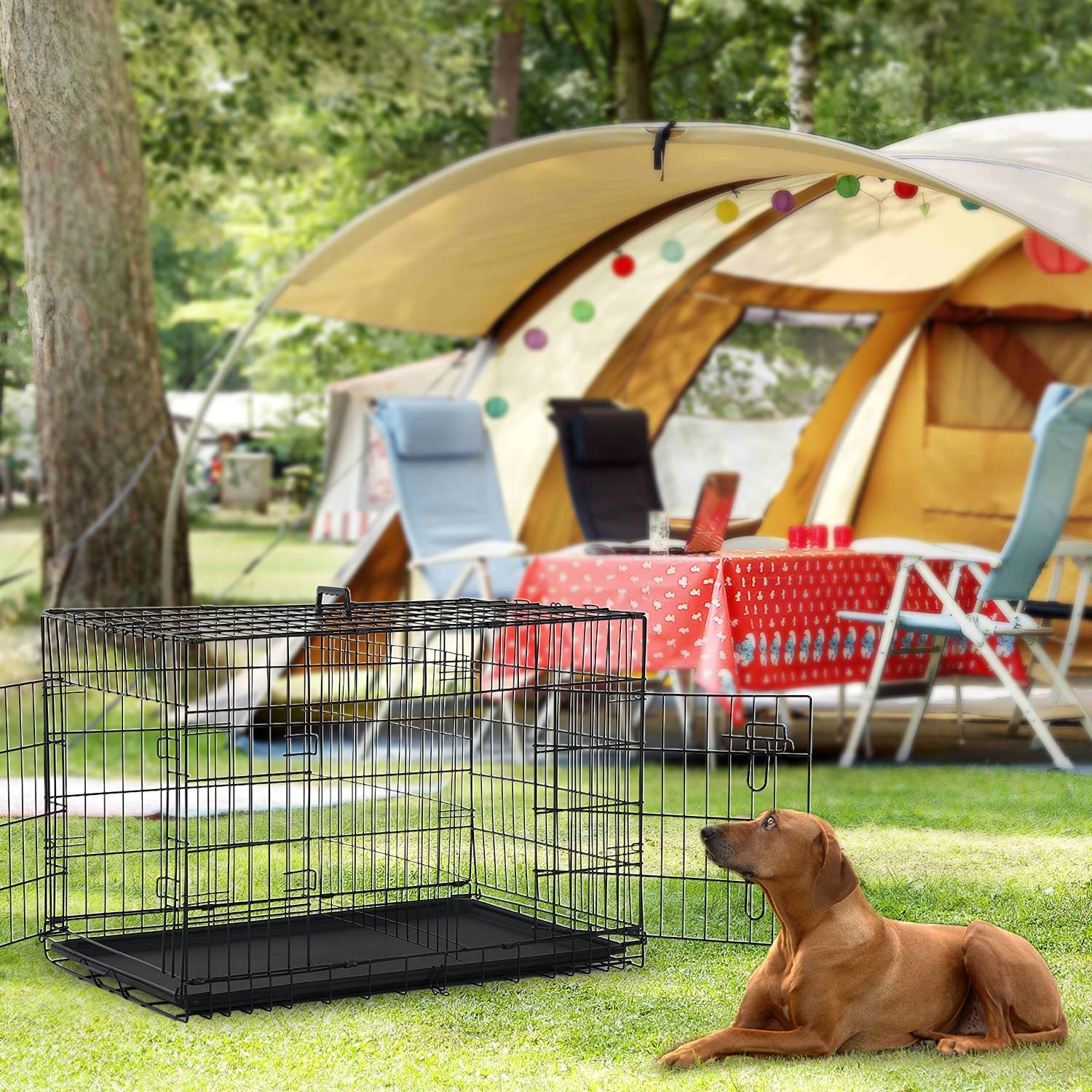 Hcy Dog Cage Dog Crate Dog Kennel Folding Metal Pet Crate For Small/Medium/Large Dogs 42 Inch Double Doors Puppy Kennel With Divider Panel Indoor Outdoor Travel Use(Black)