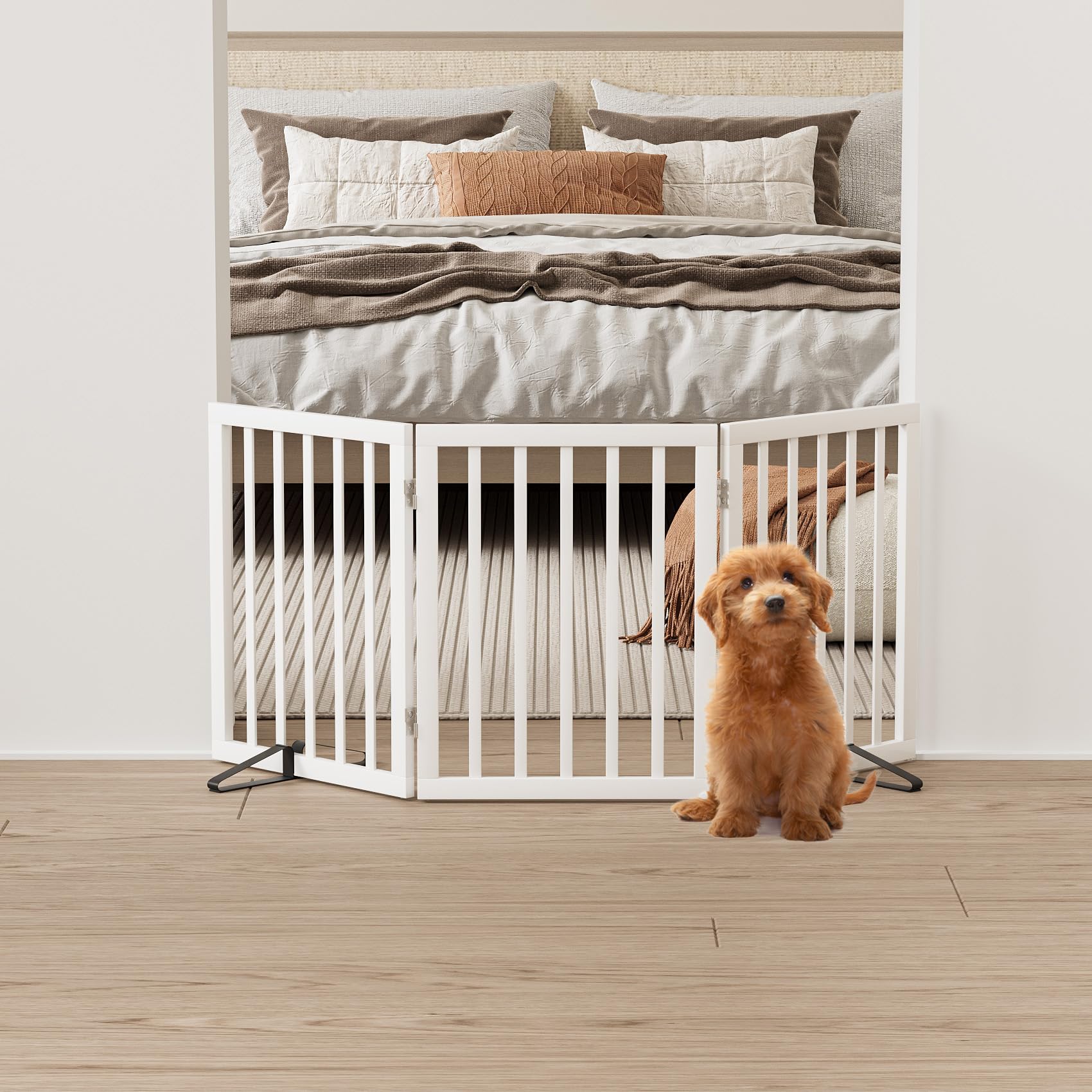 Mino Kesper White 18-55 Wide Pet Gate, Bamboo Dog Gate for Stair, Foldable Dog Gates for Doorways House, Freestanding Pet Gates