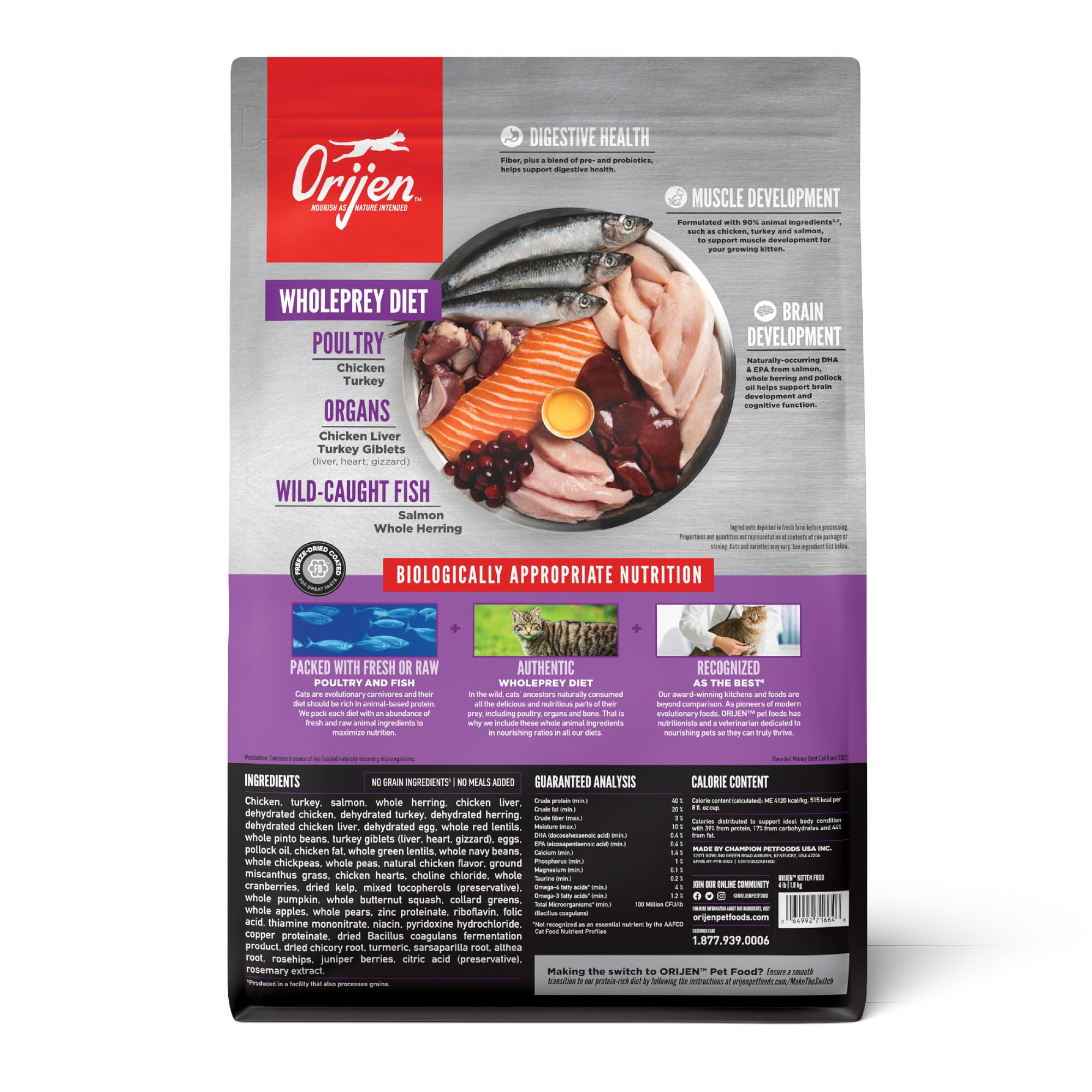 ORIJEN Dry Kitten Food, Grain Free Food for Kittens, with WholePrey Ingredients, 4lb