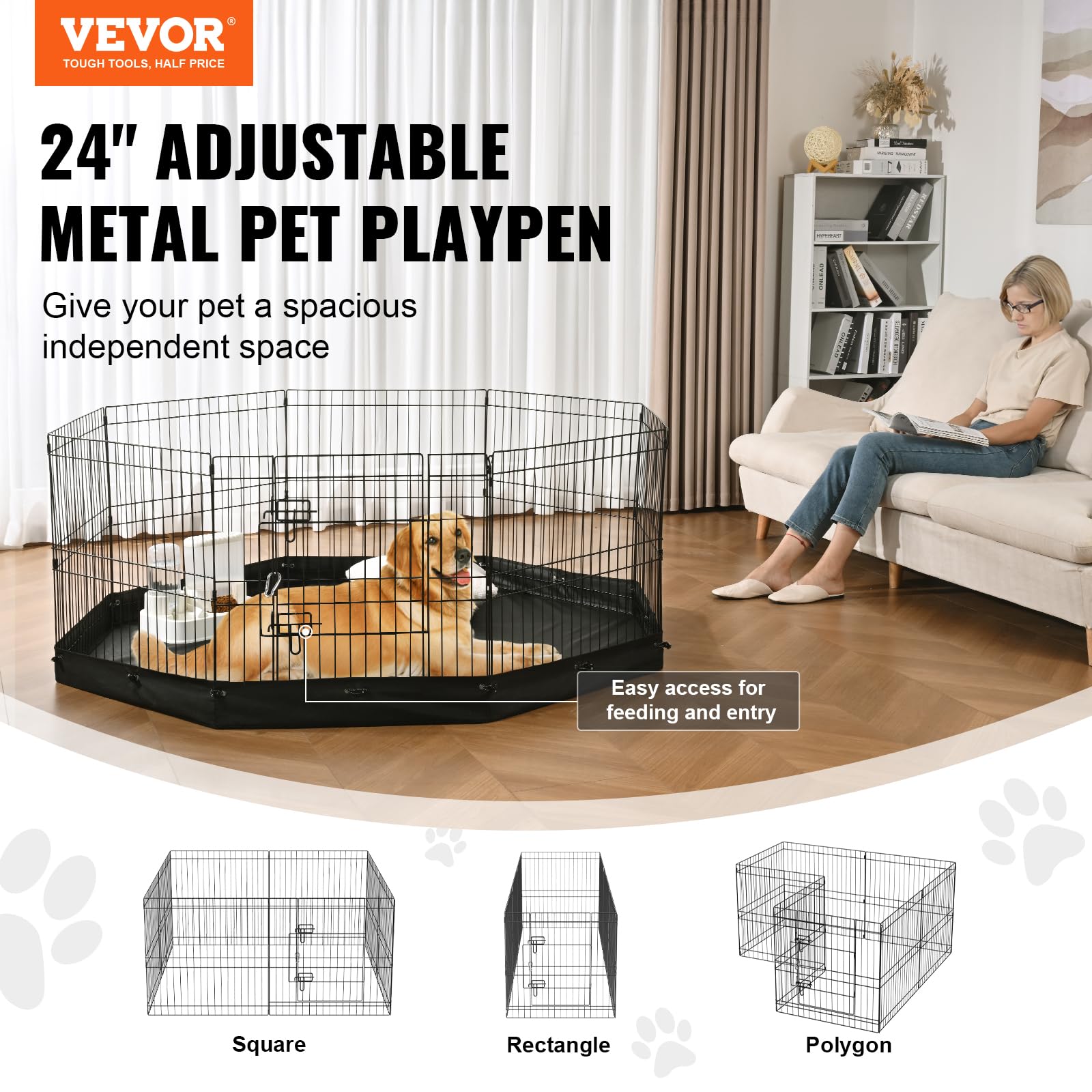 VEVOR Foldable Metal Dog Exercise Pen, Pet Playpen Dog Fence for Camping with Bottom Pad, 24 H 8 Panels, Puppy Crate Kennel Indo