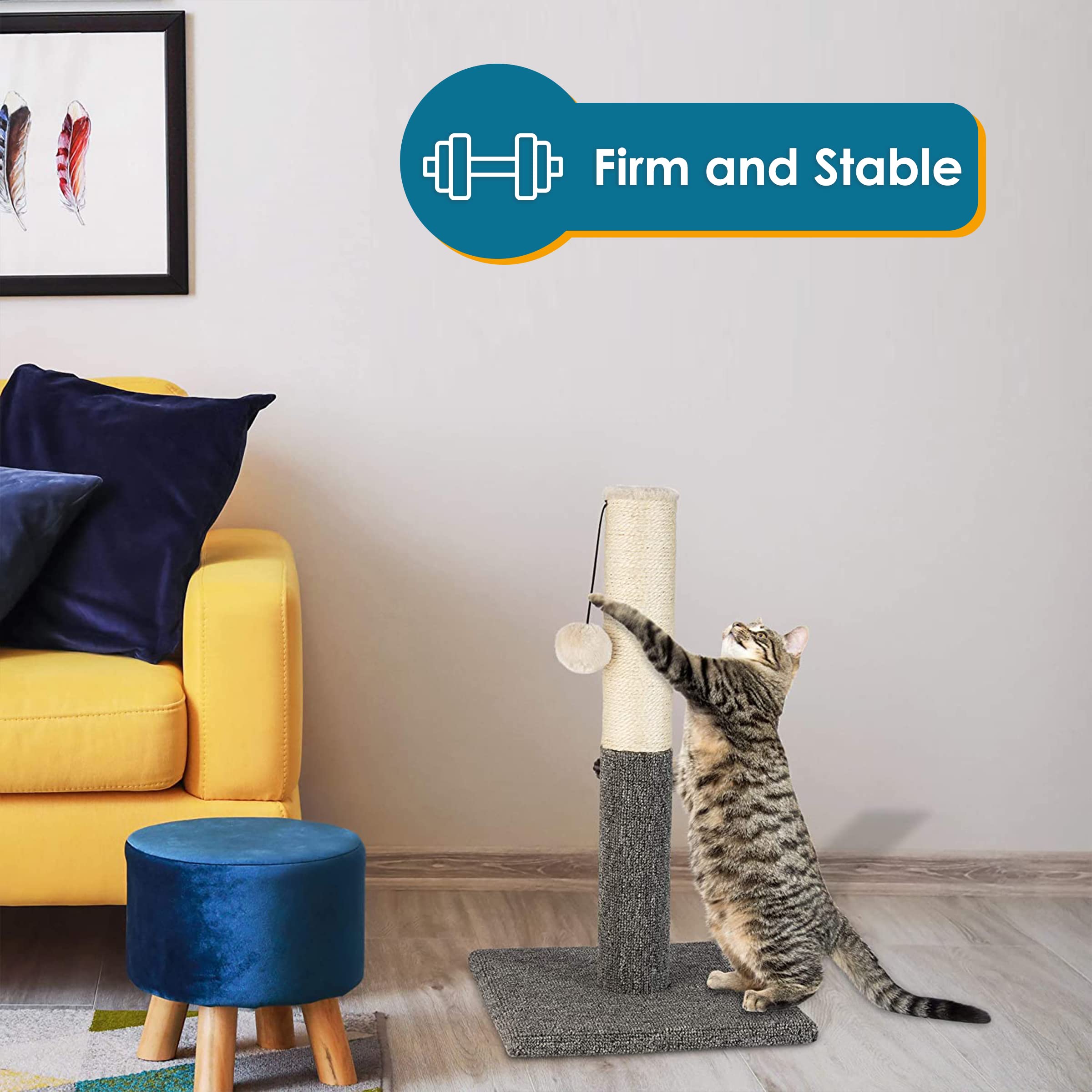 PAWBEE 20 Tall Cat Scratching Post for Indoor Cats - Durable Sisal Rope Scratcher Pole with Playful Hanging Ball - Ideal Cat Tow
