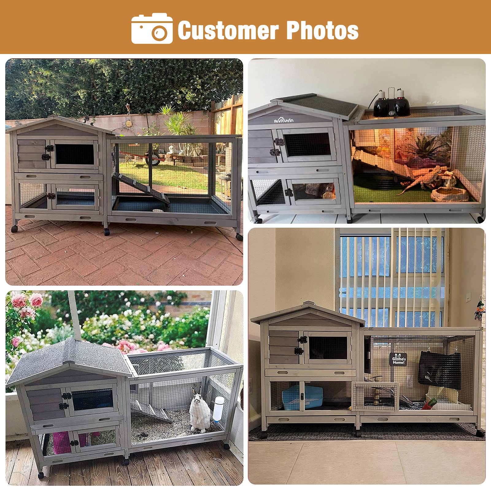 Bunny Cage Indoor And Outdoor Rabbit Hutch With Casters Waterproof Roof, Pull Out Tray From Back And Front 61.2' L X 22.6' W X 33.5' H