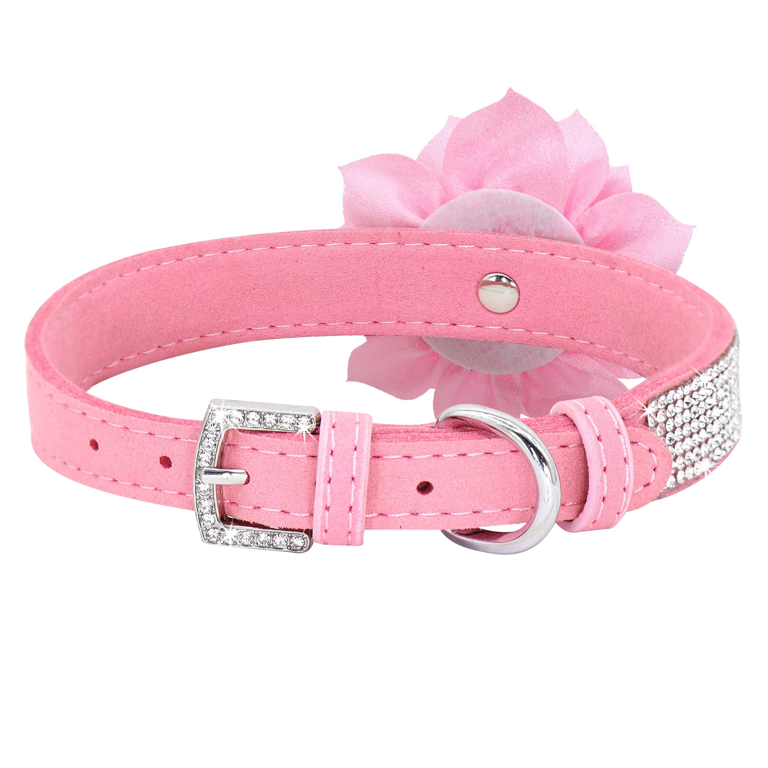Pet Artist Cute Girl Rhinestone Suede Dog Collars For Small Dogs Cats,Soft Flower Dog Collar,Bling Dog Collars For Small Puppy Dogs Pink Collar, M:Neck 12-14.5'(31-37Cm)