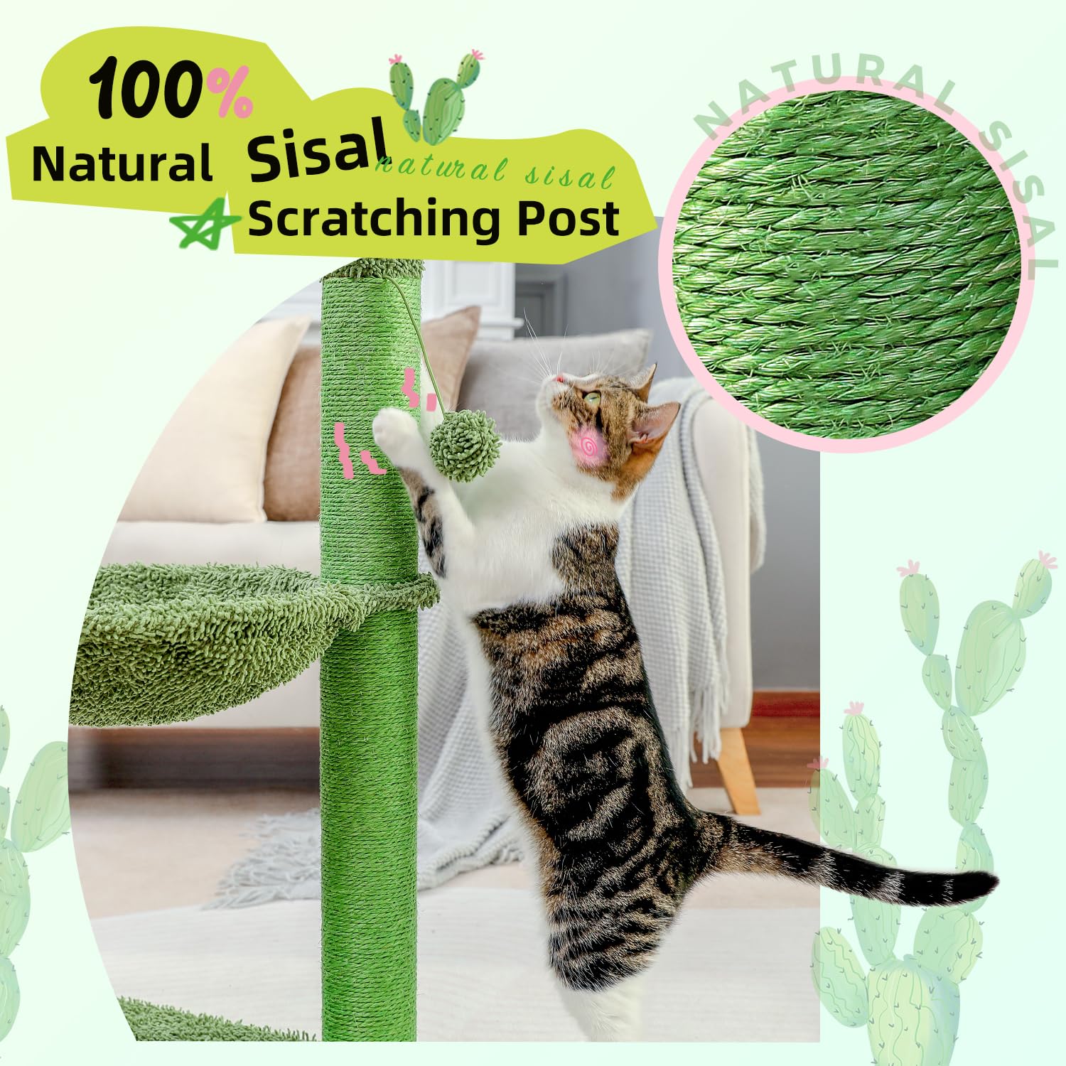 Pawz Road Cactus Cat Tree, 33 Inchs Cat Tower With Large Soft Hammock And Fully Wrapped Sisal Scratching Post For Indoor Cats