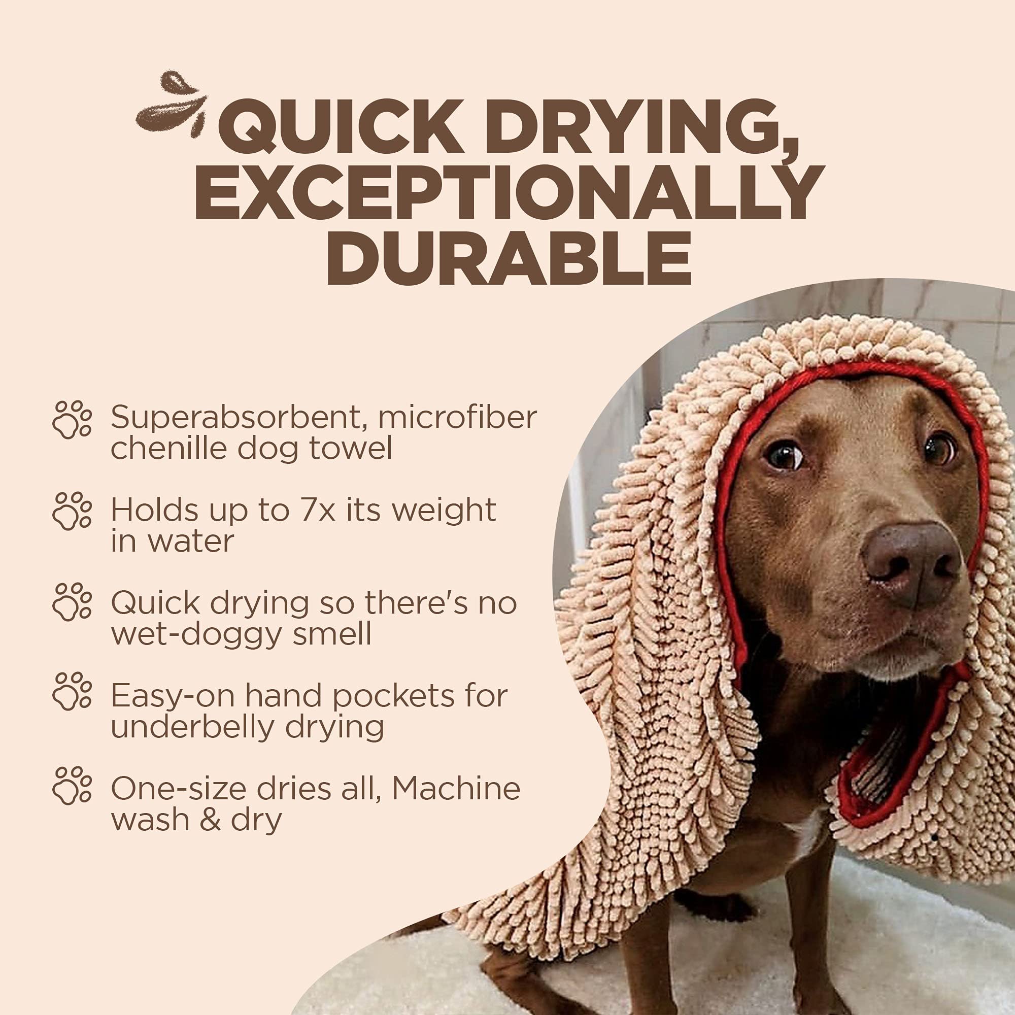 Soggy Doggy Super Shammy Dog Towel, Washable Microfiber Dog Towels For Drying Dogs And Cleaning Paws, Fast-Drying Dog Bath Towel With Hand Pockets, Beige/Red Trim, 31 X 14 Inches