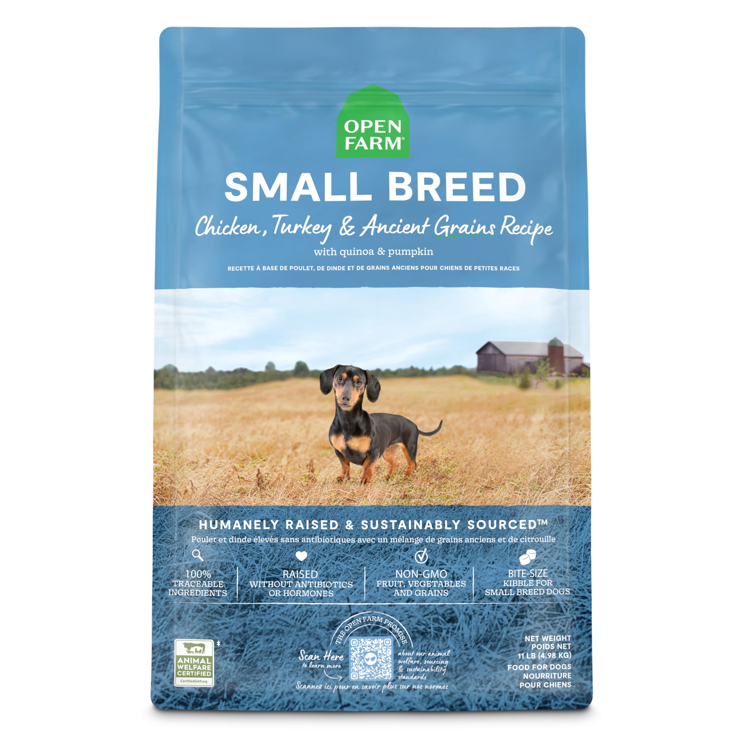 Open Farm, Ancient Grains Dry Dog Food For Small Breeds, Protein-Rich & Nutrient Dense, 90% Animal Protein With Non-GMO Fruits, 