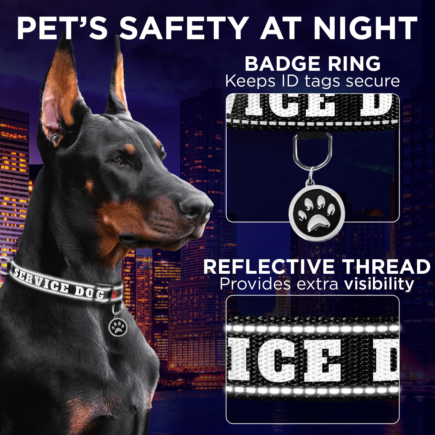 Teceum Reflective Pet Collar - Black - Service Dog - L - Extra Soft Padding - Basic Nylon Dog Collar - Quick Release Buckle - Fi