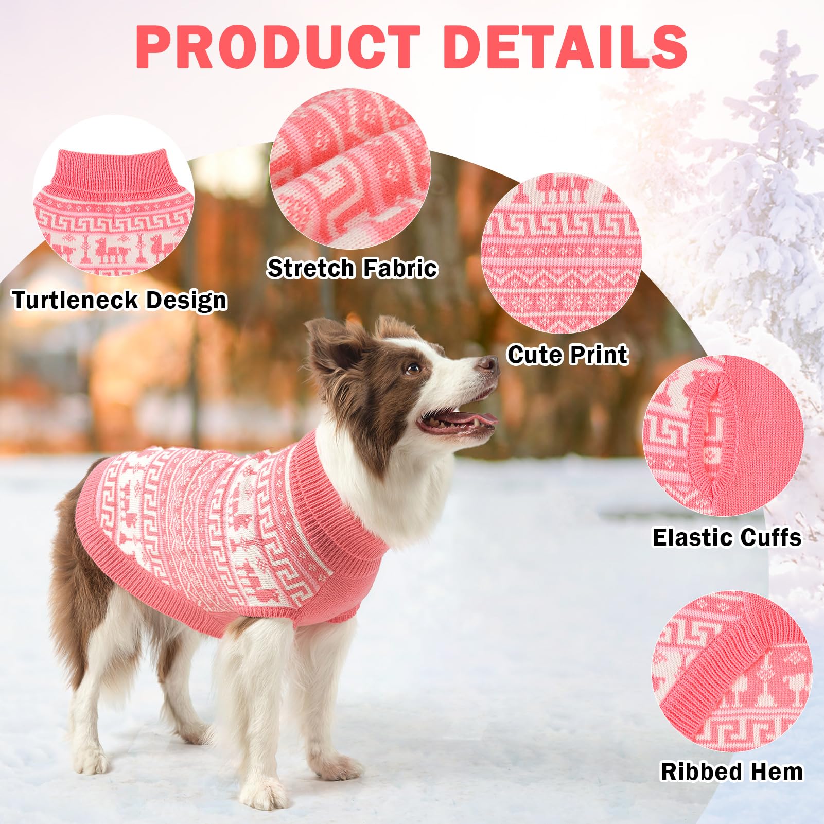 Scenereal Dog Sweater - Small Size, Turtleneck Pullover For Girls & Boys, Christmas Pet Apparel, Pink With Reindeer Theme