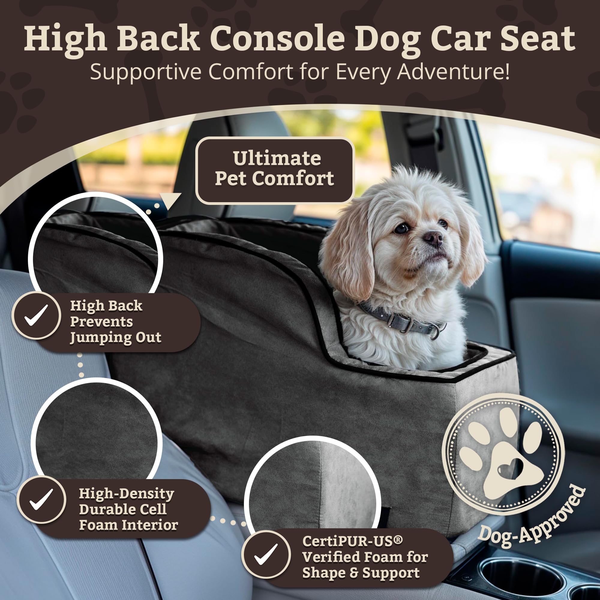 Snoozer Extra Large Luxury High-Back Console Pet Car Seat, Buckskin/Java Microsuede