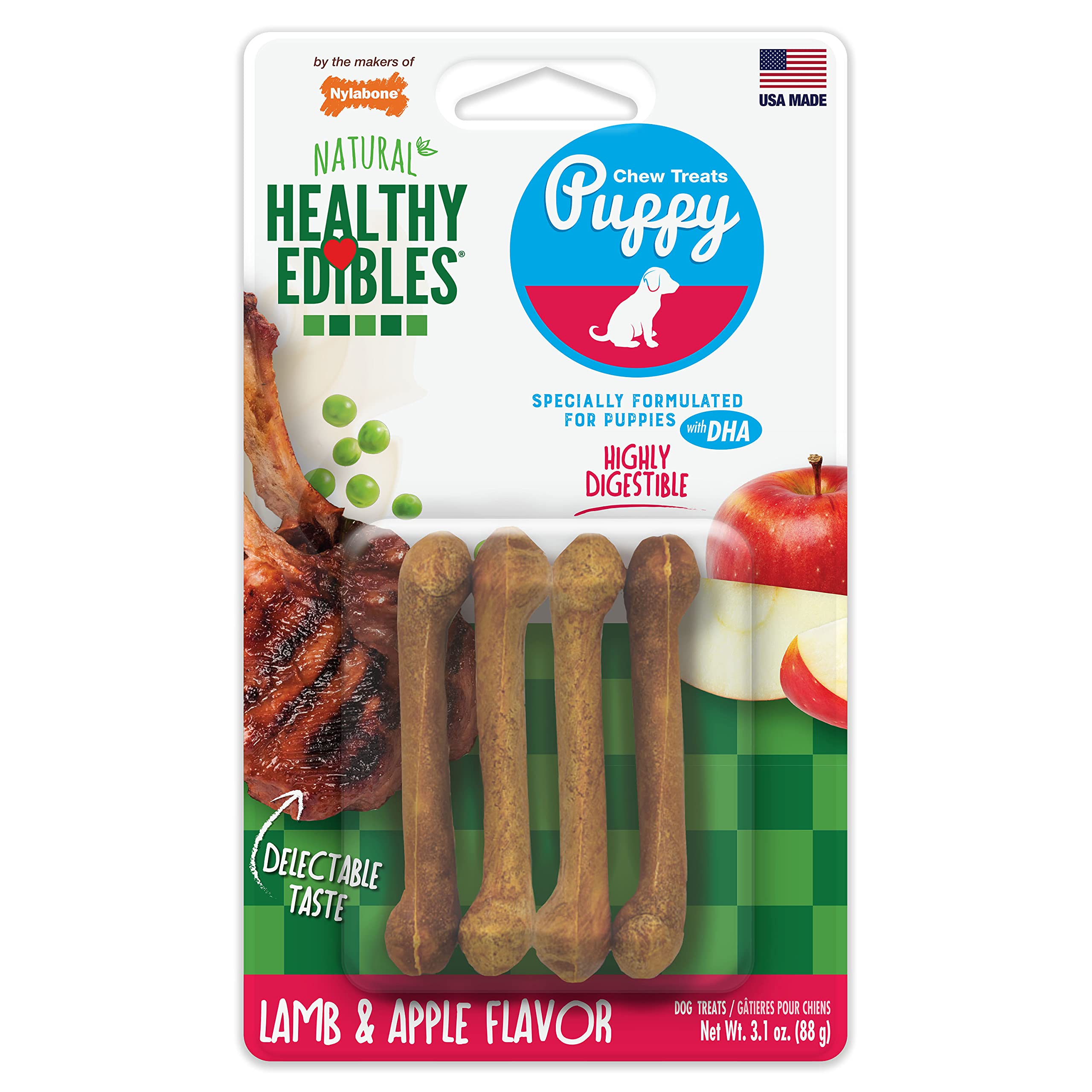 Nylabone Healthy Edibles Natural Puppy Chews Long Lasting Lamb & Apple Flavor Treats for Puppies, X-Small/Petite (4 Count)