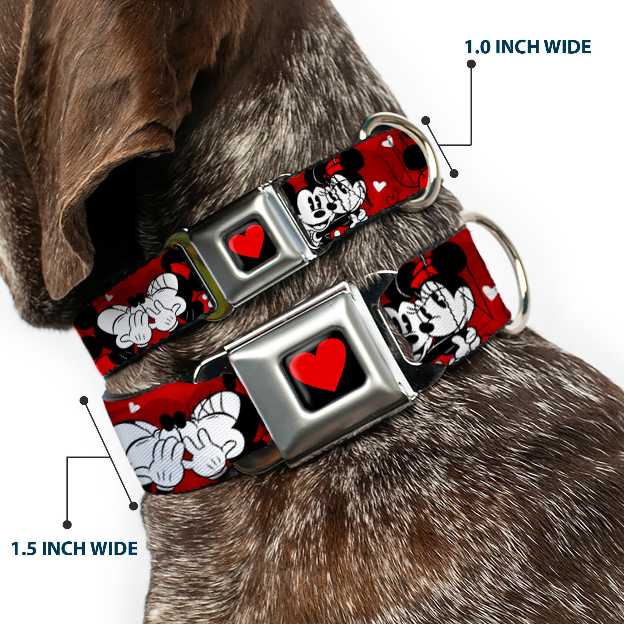 Buckle-Down Dog Collar Seatbelt Buckle Mickey Minnie Hugs Kisses Poses Reds White, Multicolor, 1.5' Wide - Fits 16-23' Neck -