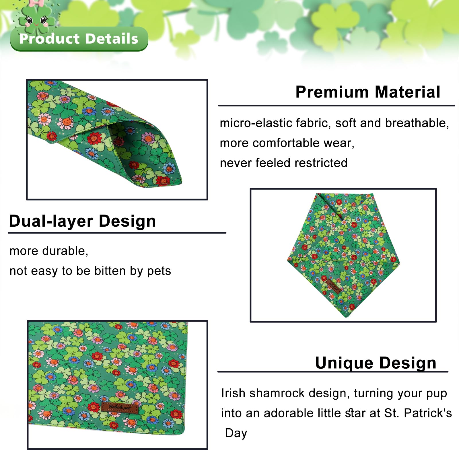 Babole Pet St Patricks Day Dog Bandanas 2 Pack, Green Flower Clover & Cute Clover Pattern St Patricks Dog Scarf Bib For Boy And