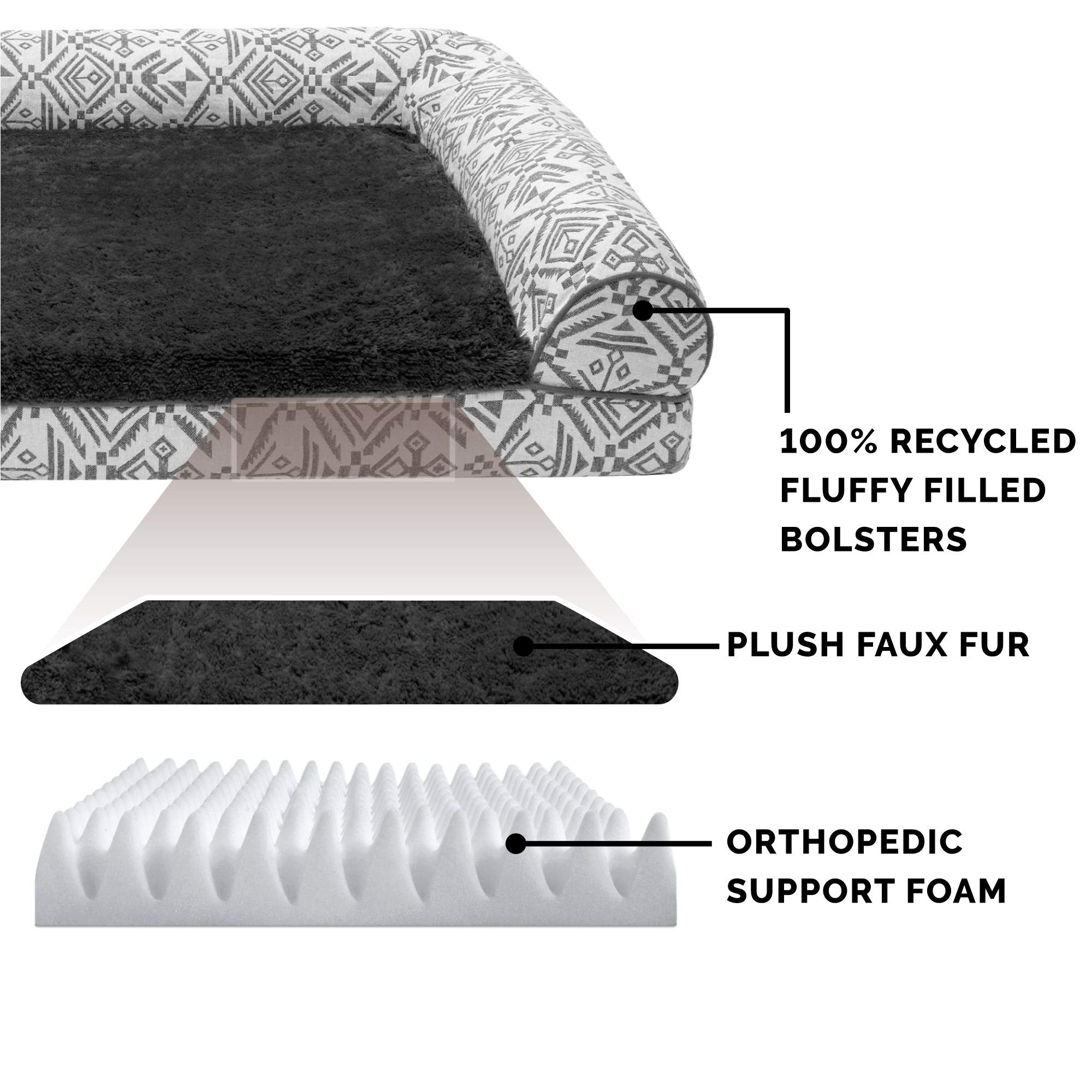 Furhaven Orthopedic Dog Bed For Large Dogs W/ Removable Bolsters & Washable Cover, For Dogs Up To 95 Lbs - Plush & Southwest Kilim Woven Decor Sofa - Boulder Gray, Jumbo/Xl