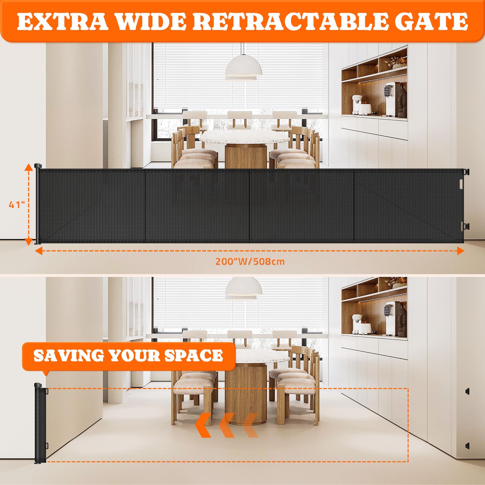Pawtners Retractable Baby Gates Extra Wide, 41 Tall Extends up to 200 Wide, Dog Gate Indoor for Stairs, Pet Gate with Support Ro
