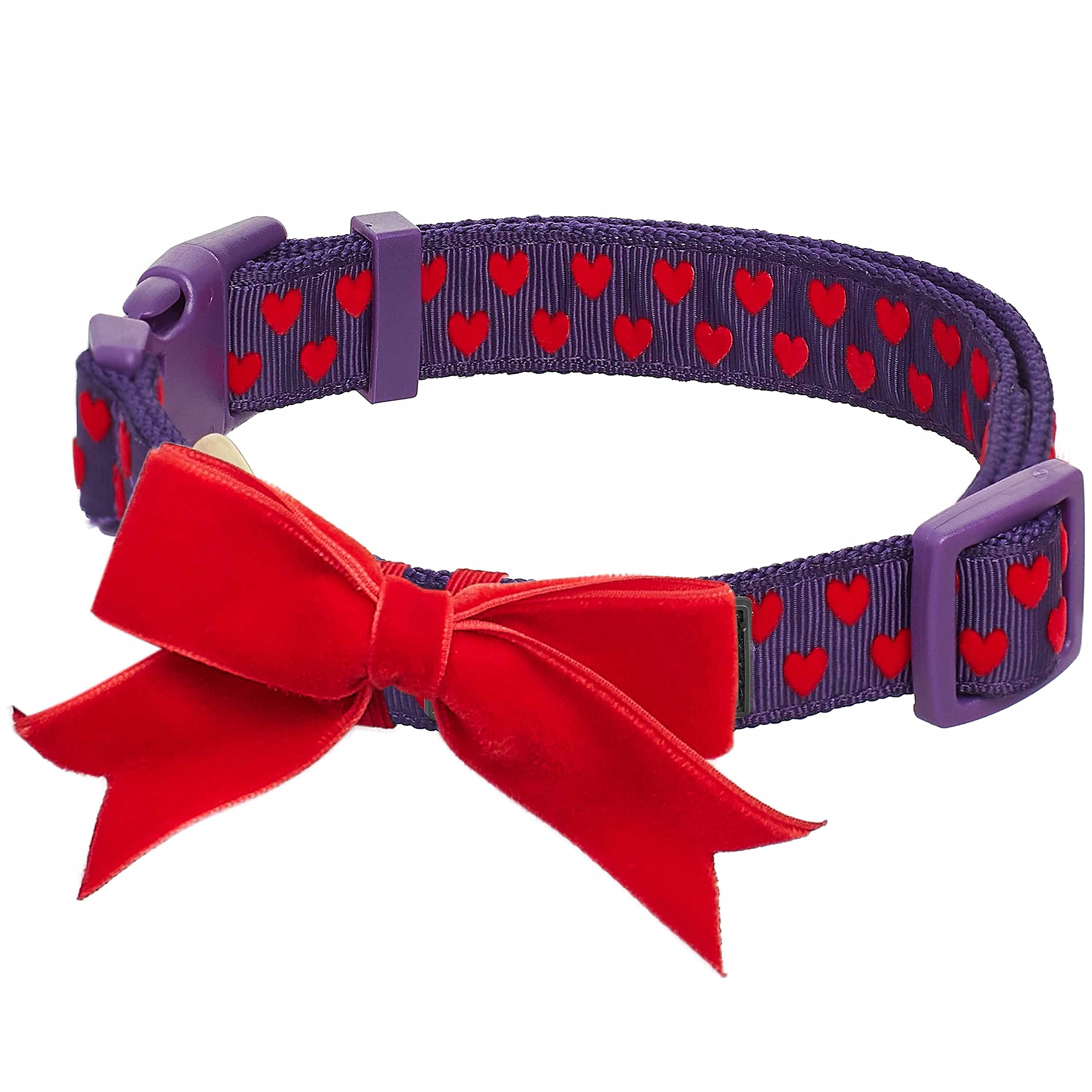 Blueberry Pet Heart Flocking Dog Collar Valentine’S Day Adjustable Collars With Velvety Bowtie For Small Dogs, Gothic Grape, Neck 12'-16'