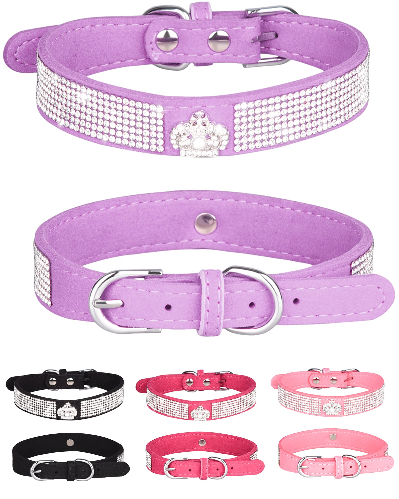 Dog Collar For Small Dogs, Adjustable Leather Suede Bling Dog Collars,Pink Dog Collar Cat Collar, Rhinestone Dog Collar (L, Purp