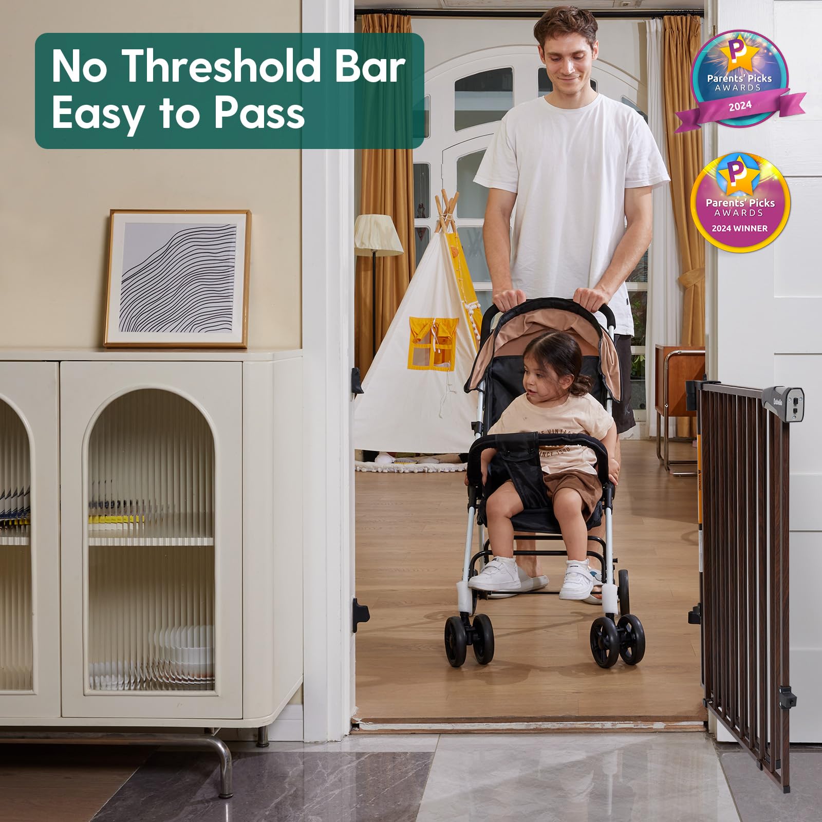 Babelio 34' Extra Tall Baby/Dog Gate With No Threshold Design Walk Thru Door, 26-43' Auto Close Safety Gate For Babies, Elders And Pets, Fits Doorways, Stairs, And Entryways, Black Wood Pattern