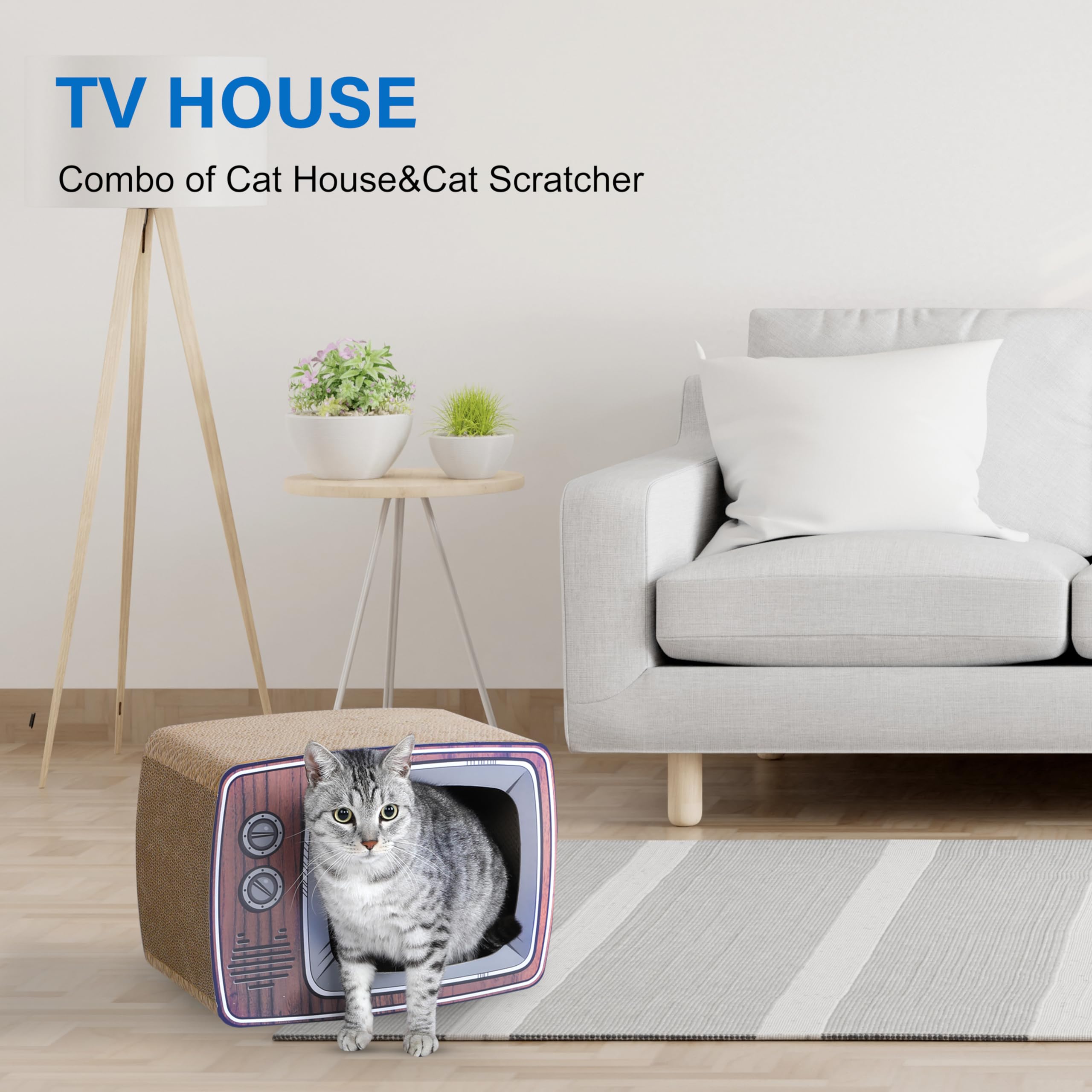Cardboard Cat House with Scratch Pad, Corrugated Kitten Hideaway Cave, Cute Cats Condos Box, TV Shape Cat Scratching House Bed,