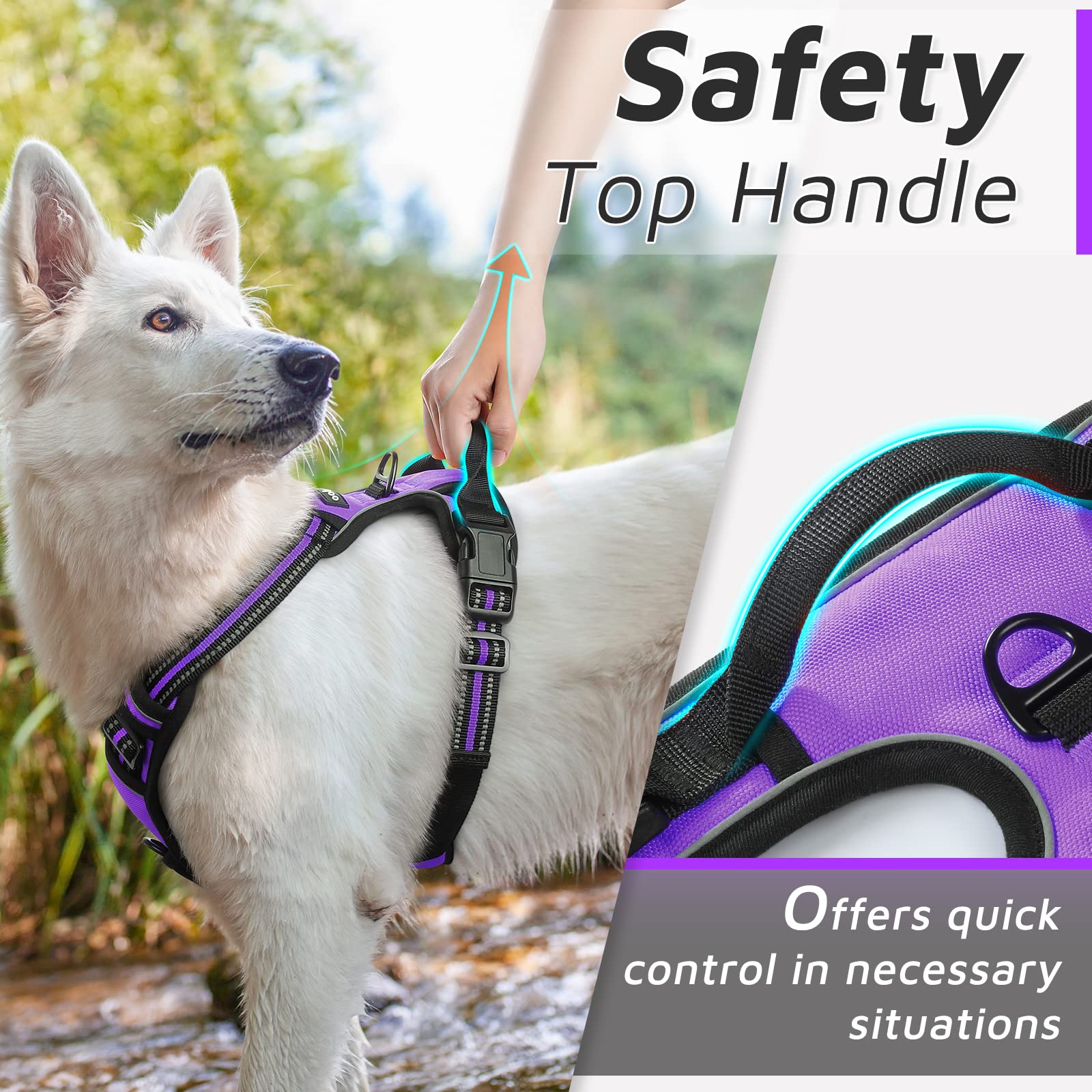 Eagloo Dog Harness Large Breed, No Pull Service Vest With Reflective Strips And Control Handle, Adjustable And Comfortable For Easy Walking, No Choke Pet Harness With 2 Metal Rings, Purple, Xl