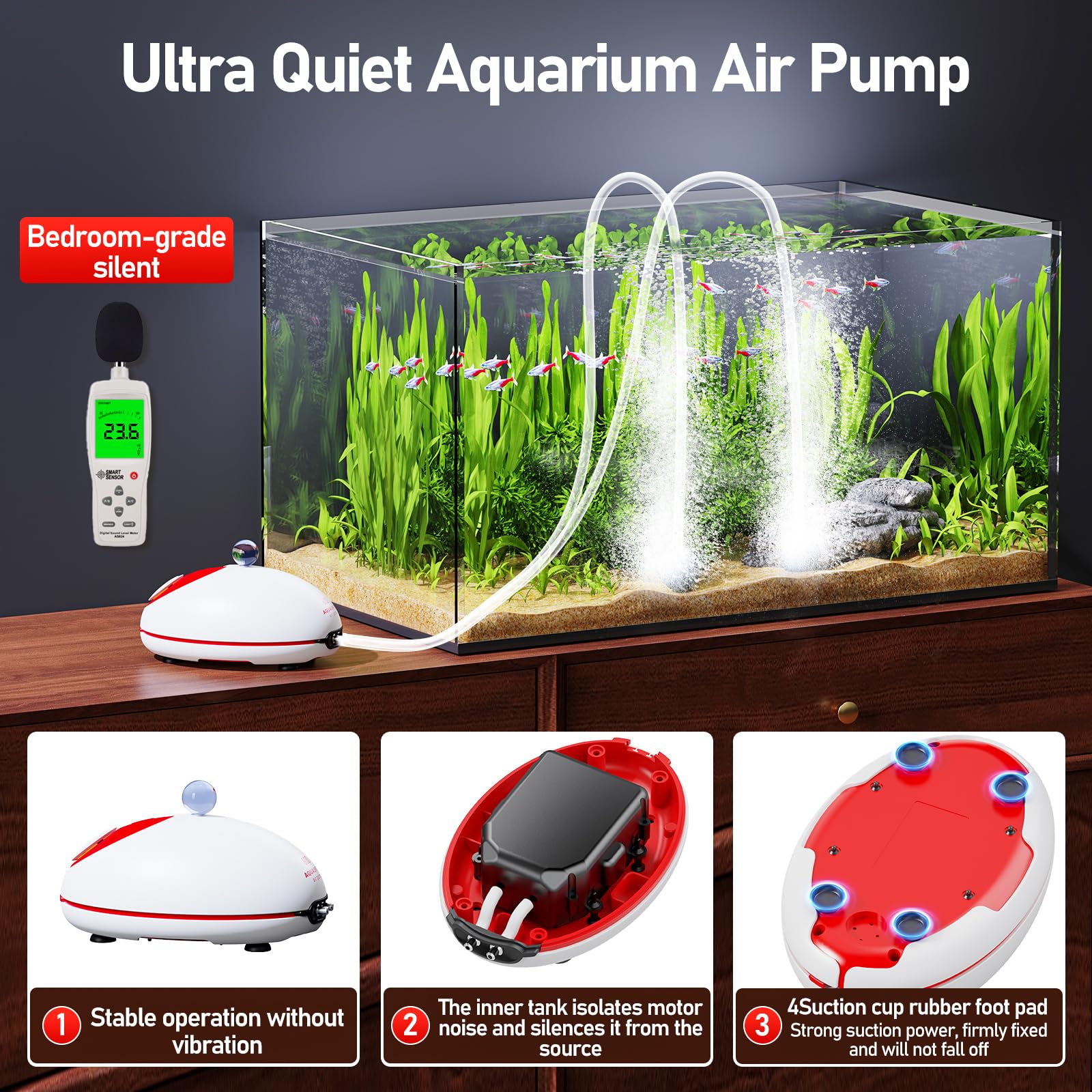 AQUASMITH Ultra Quiet Aquarium Air Pump - Adjustable Airflow for 70-100 GPH Fish Tanks - White and Red Color