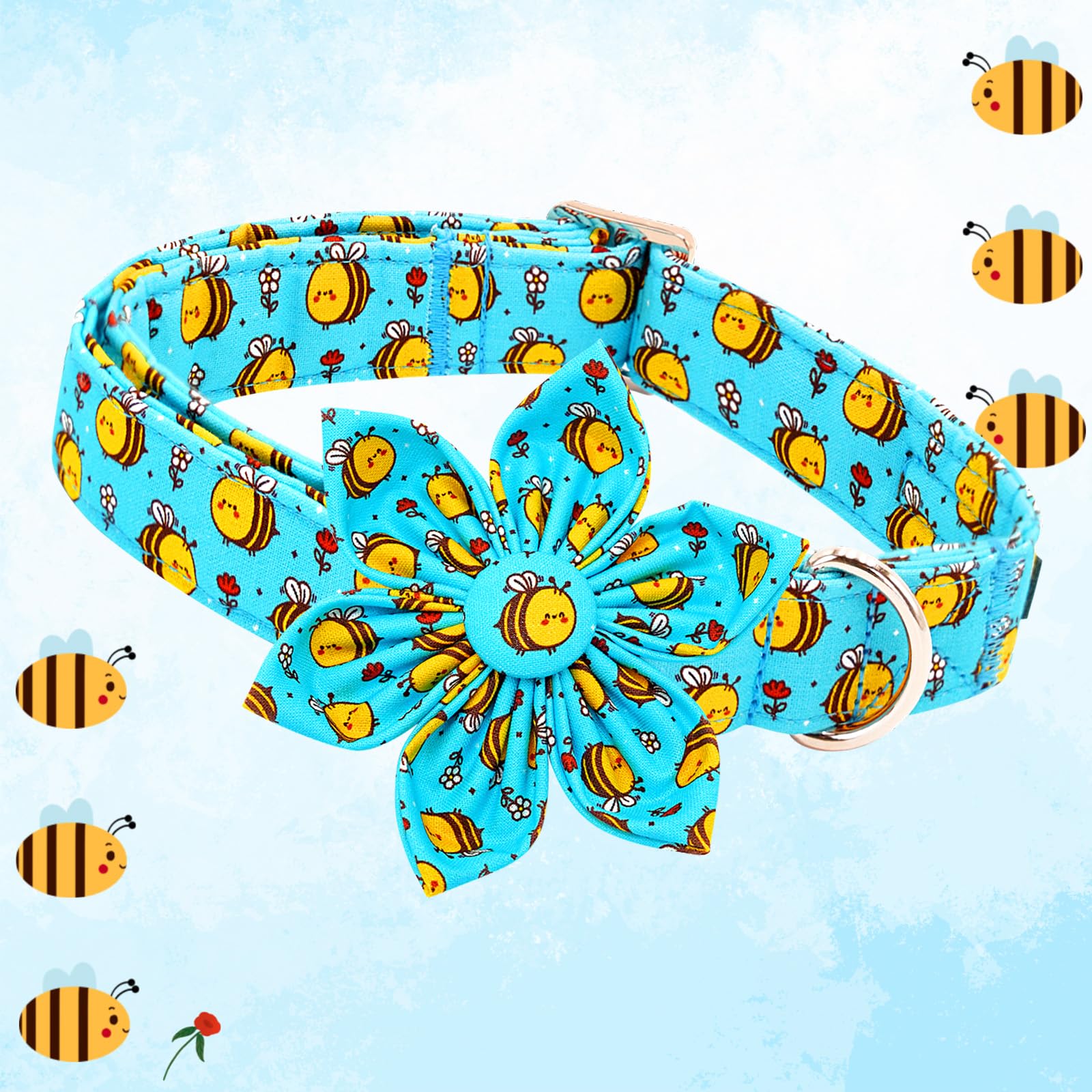 Lionheart Glory Dog Collar With Flower Dog Collar For Large Dogs, Bees Print Dog Flower Collars Spring Blue Cute Collars Pet Col