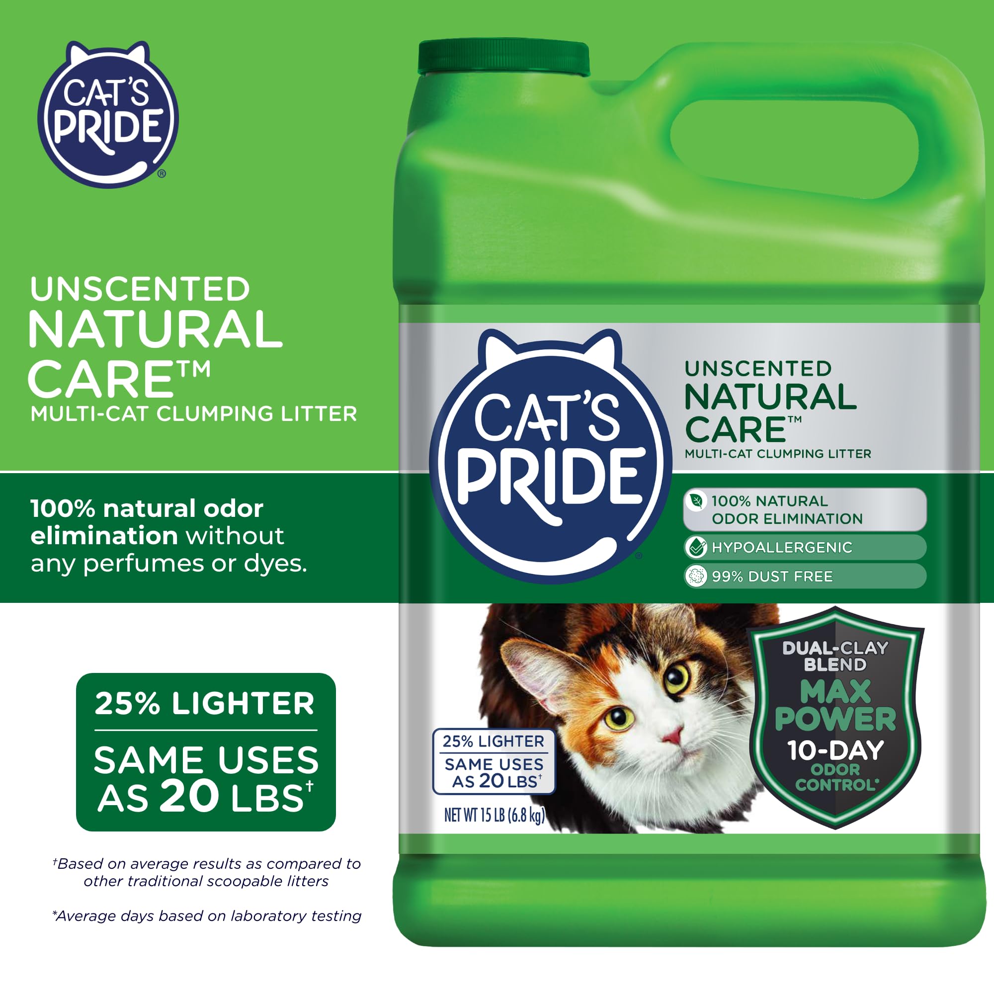 Cat's Pride Max Power Multi-Cat Clumping Litter, 15 lb, Unscented, Clay, Hypoallergenic, 99% Dust Free, Odor Control