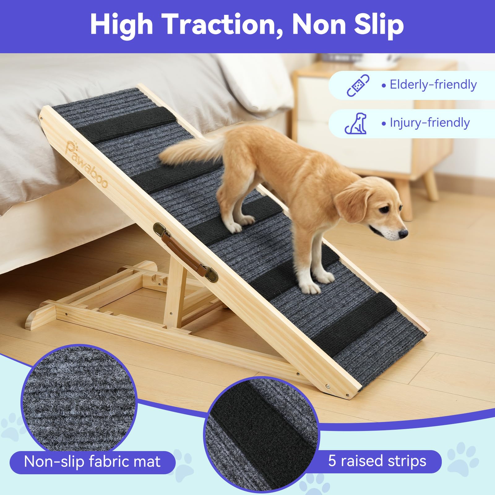 Large Dog Ramp for Bed Couch, Extra Wide Portable Wooden Pet Ramp, 4 Adjustable Height from 11.6 to 22.4, Pet Step for Small