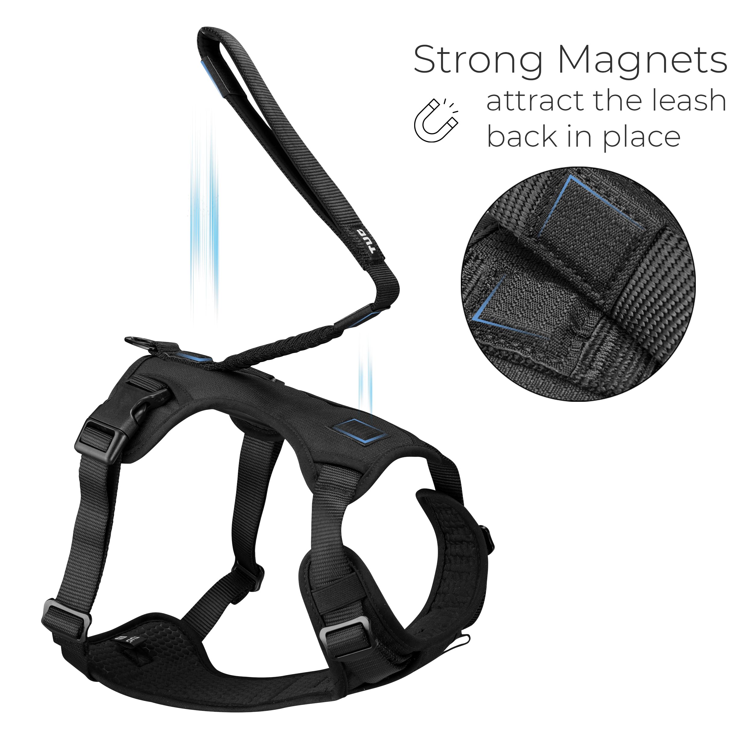 TUG Dog Harness with Integrated Traffic Leash, Medium, Black - Quick Control and Comfort