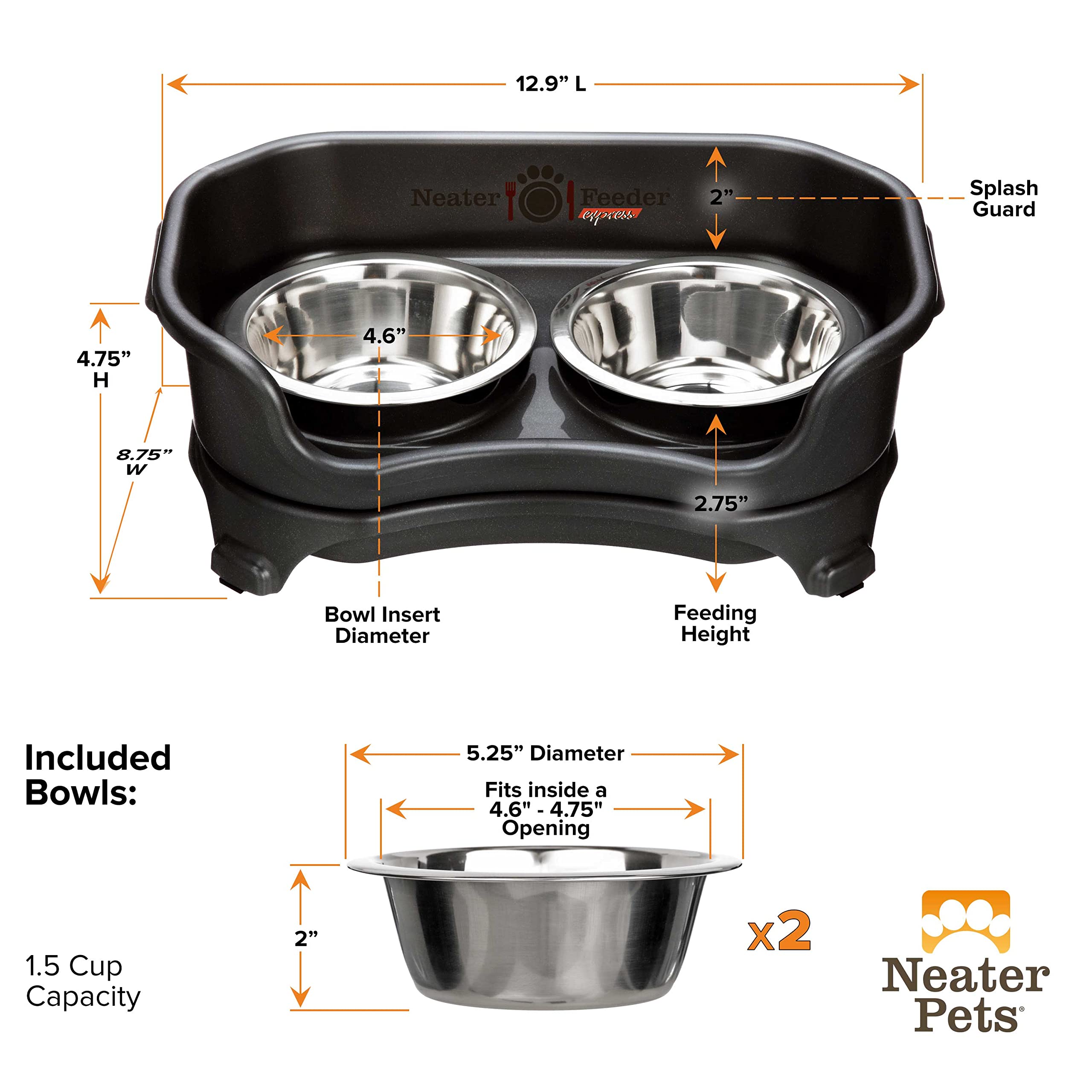 Neater Pets Neater Feeder Express Mess-Proof Elevated Food & Water Bowls For Small Dogs, Black
