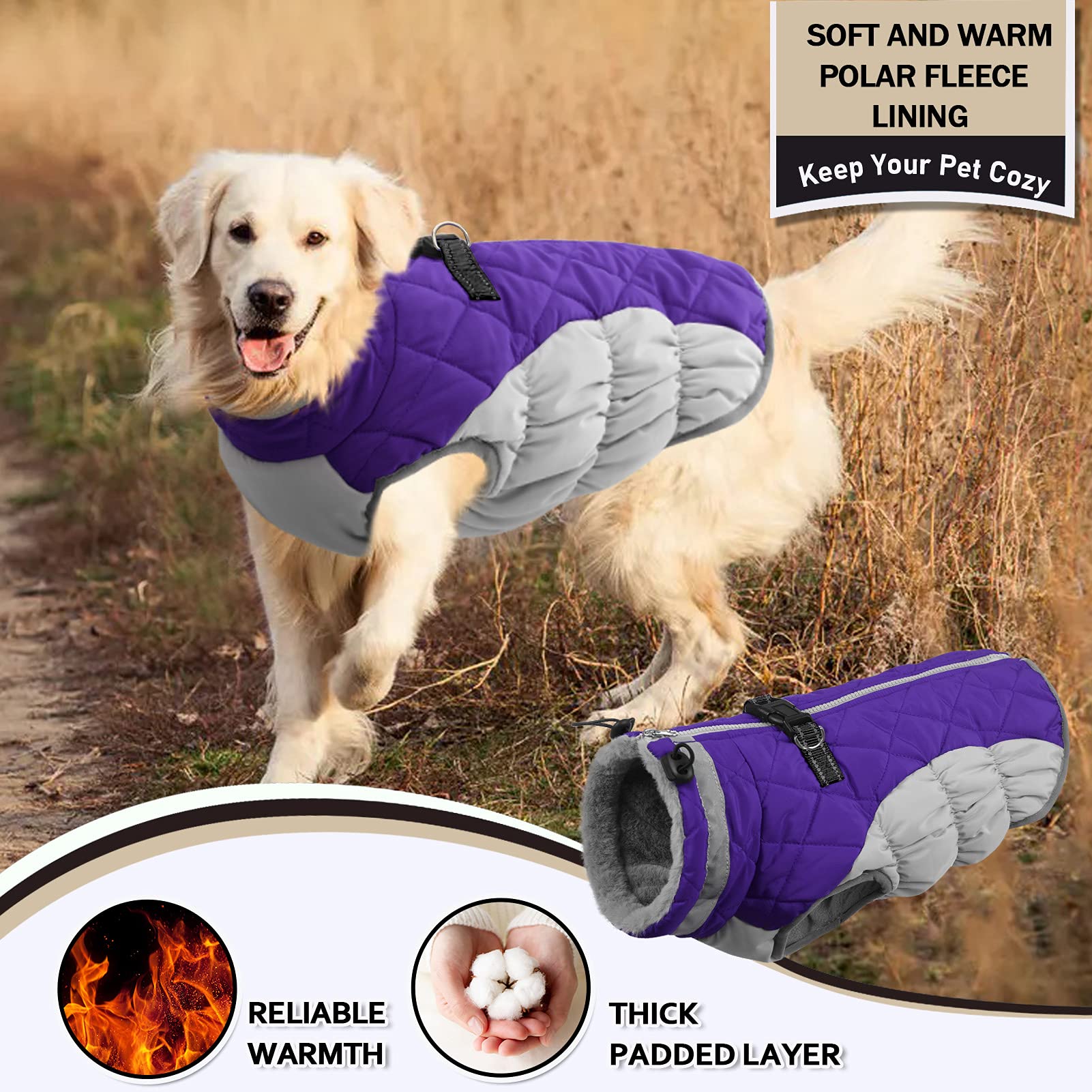 AOFITEE Winter Dog Coat, Warm Fleece Jacket for Cold Weather, Reflective, X-Small, Purple, Model 1207-AF-12180-Purple-XS