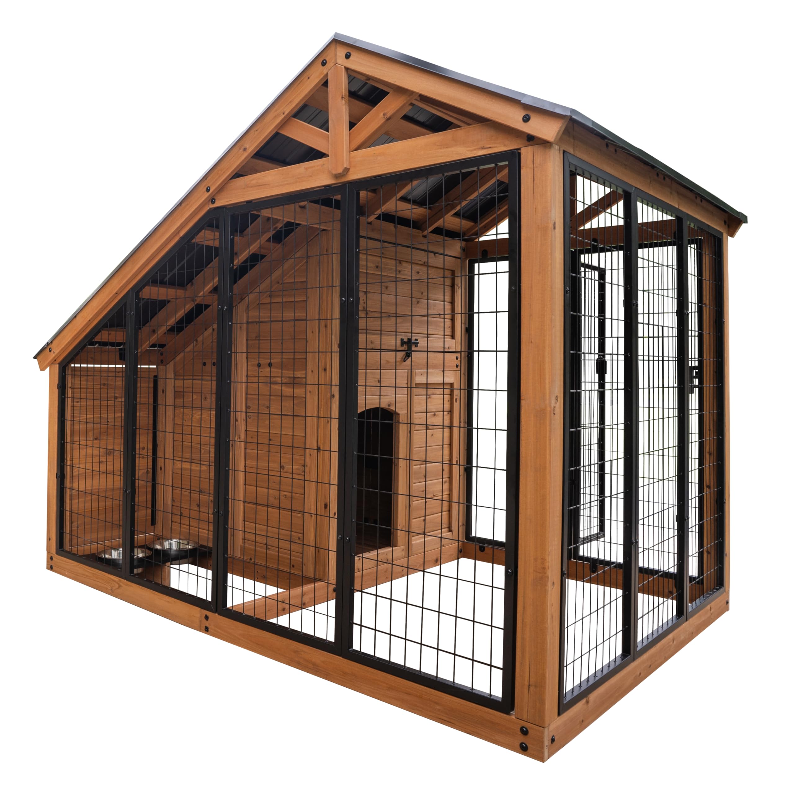 Backyard Discovery 7 x 5 Waggin Retreat Cedar Wood Large Dog Kennel with Galvanized Steel Roof, Feeding Door, Doghouse Back D