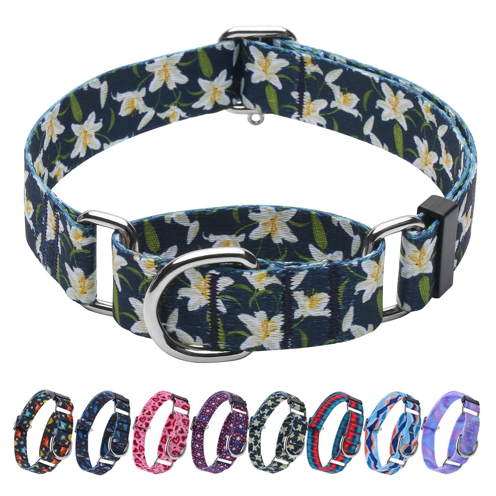 Hikiko Martingale Collar With No Buckle Cute Girl Female Floral Dog Collars For Medium Dogs,Lily,M