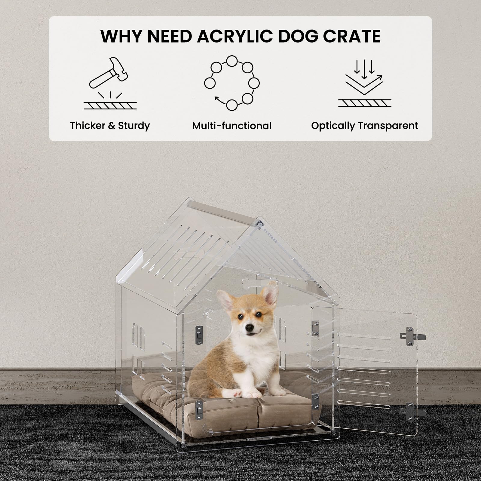 Sumerflos Acrylic Dog House, Clear 24" L x 18" W x 23" H Indoor Kennel, Lockable & Ventilated for Small Dogs and Cats