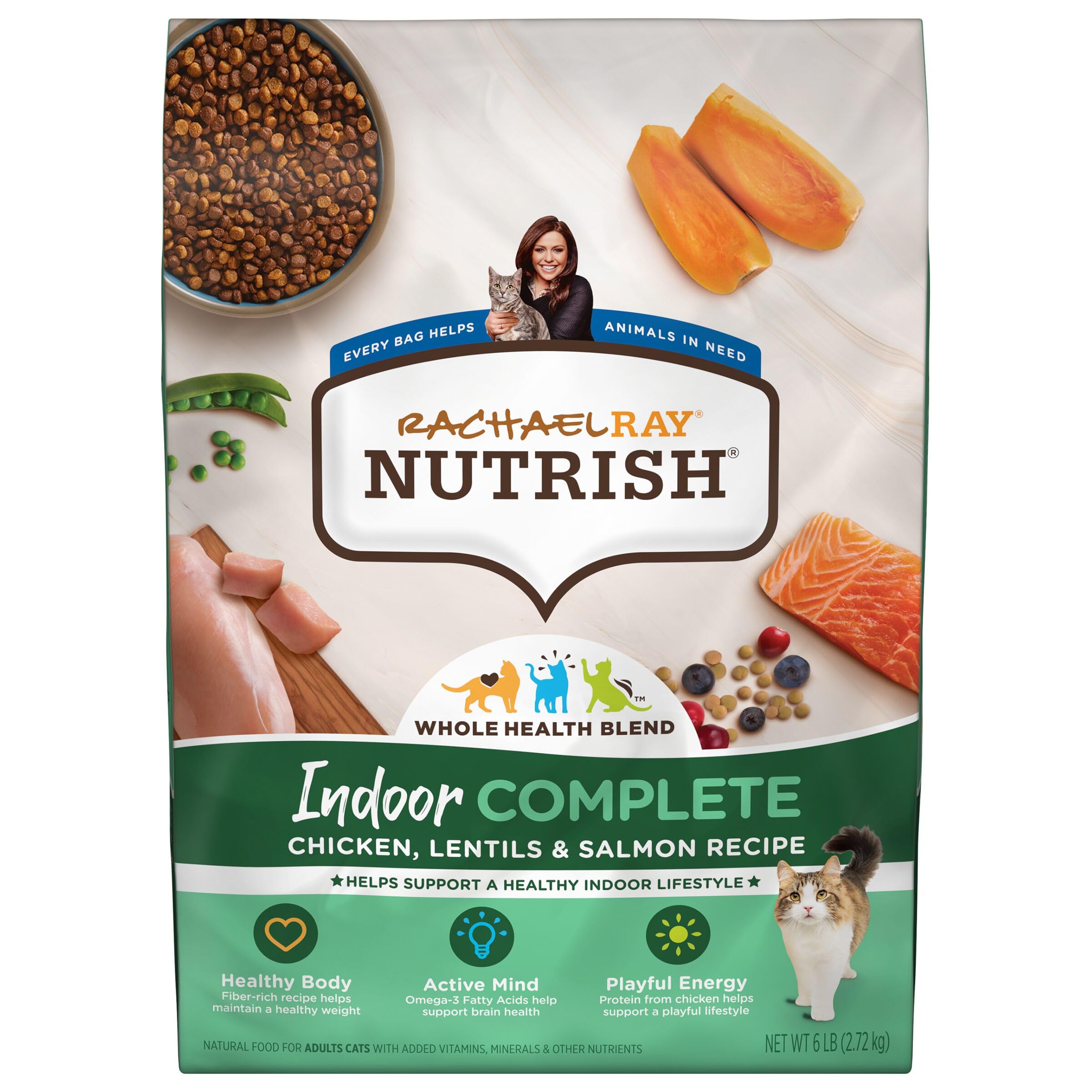 Rachael Ray Nutrish Indoor Complete Premium Natural Dry Cat Food, Chicken with Lentils & Salmon Recipe, 14 Pounds (Packaging May