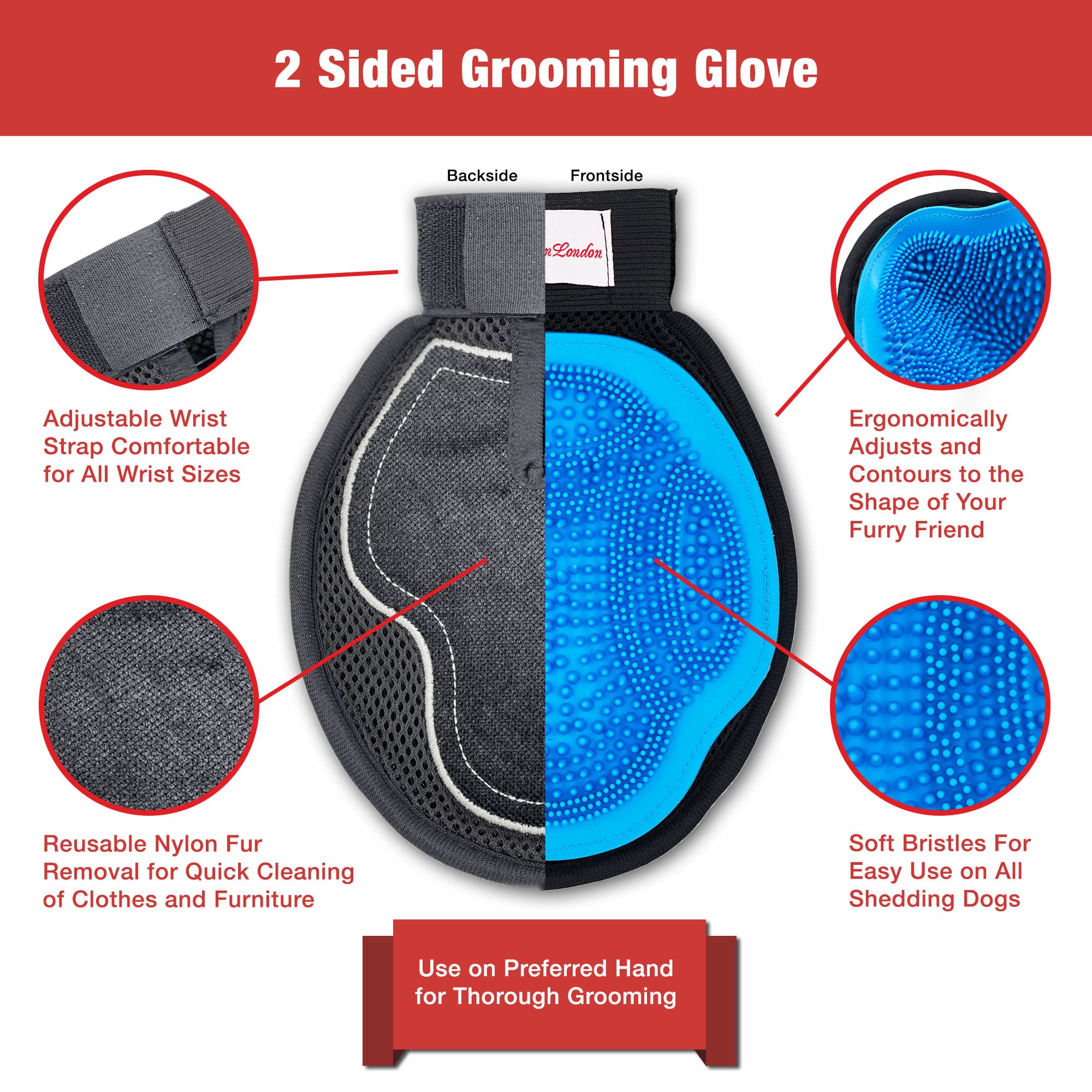 Warren London 2In1 Pet Grooming Glove For Dogs & Cats | Reversible Design Pet Brush With Smooth Side To Remove Fur From Clothes & Furniture | Soft Mitten Contours To Pet Body For Comb & Massage