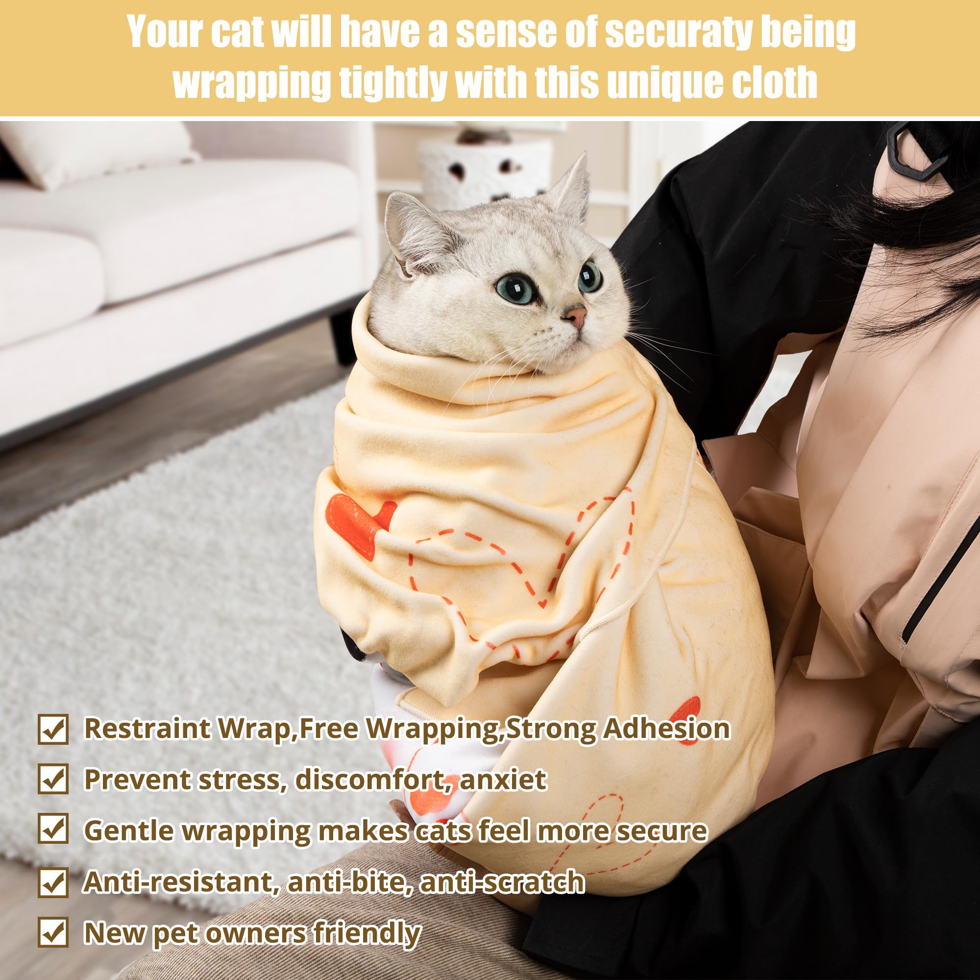 ZINGTERRA Cat Grooming Wrap - Anti-Escape, Self-Adherent, Large 35.4 Inch, Yellow Swaddle Tool for Grooming, Nail Clipping, Calming