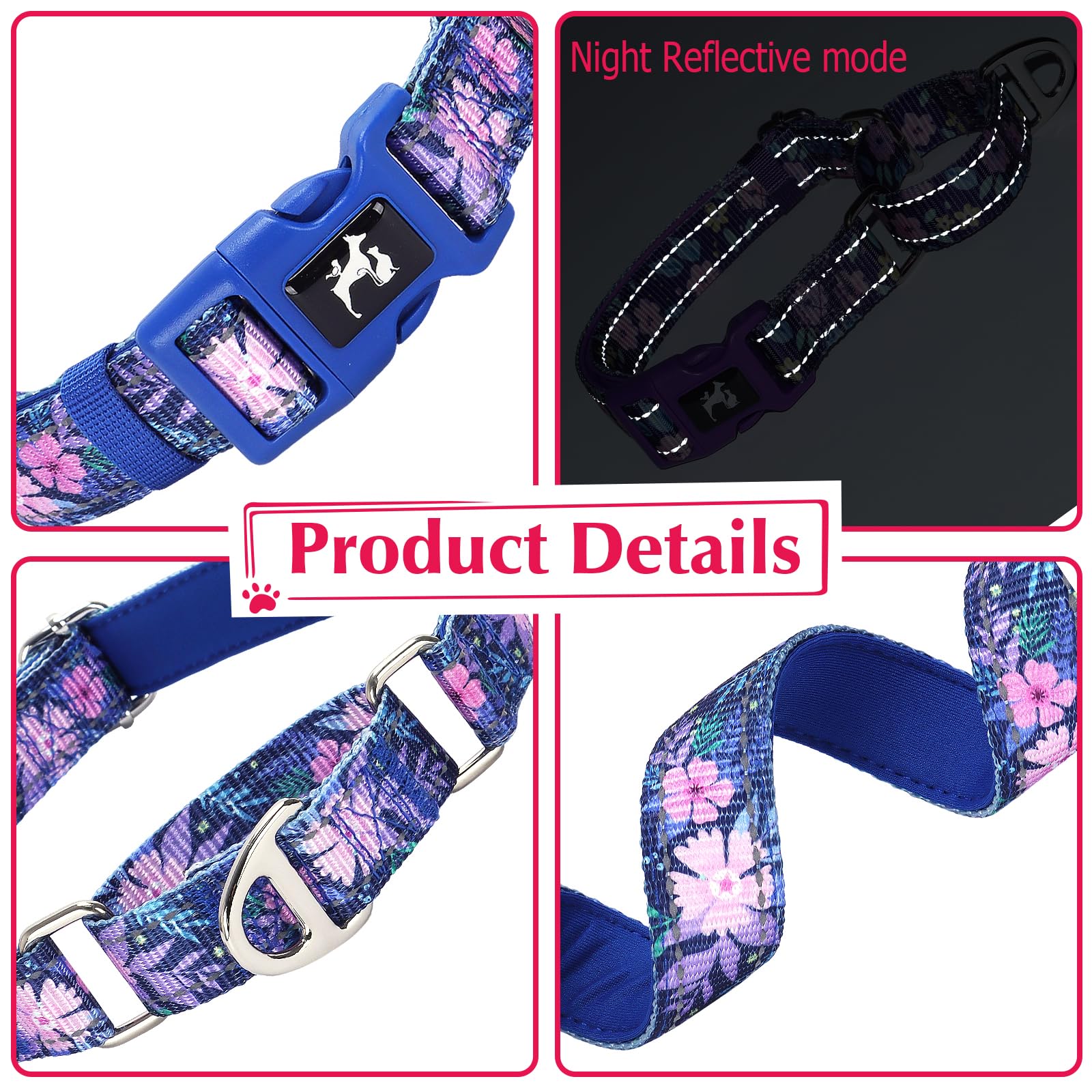 Martingale Collar For Dogs, Reflective Adjustable Soft Nylon Dog Collars With Boho Flower Patterns For Small Medium Large Dog (S