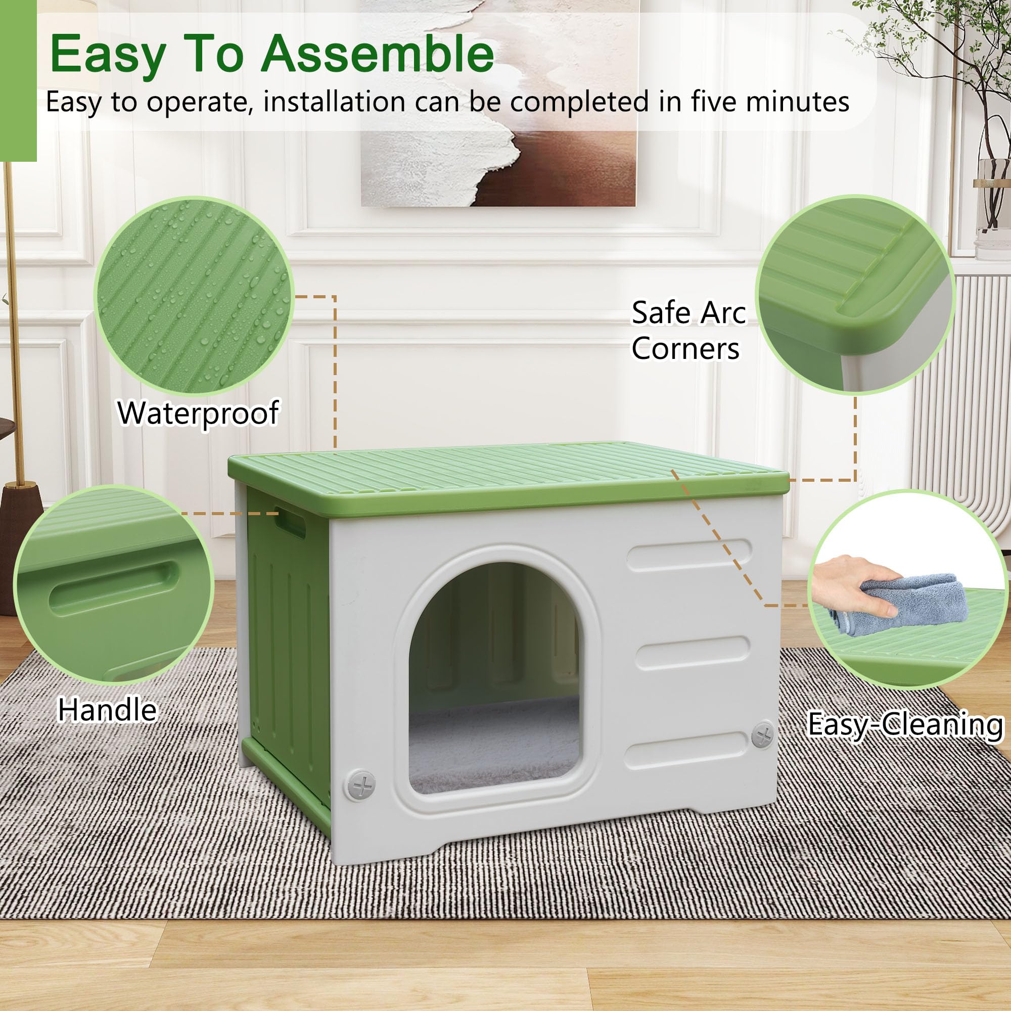 Rockever Plastic Cat House for Outdoor Cats, Waterproof with Escape Door, Green, Model RO4010, Includes Cat Bed Mat