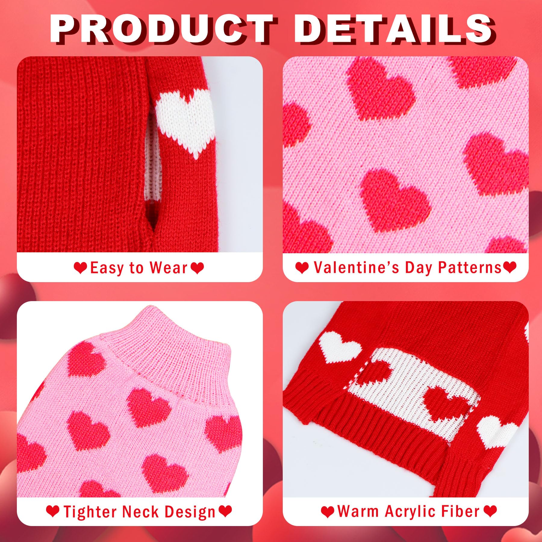 Goyoswa 2 Pack Valentine Dog Sweater Dog Valentines Clothes Outfit Knitted Heart Sweater For Small Medium Large Dogs Pets (Red &